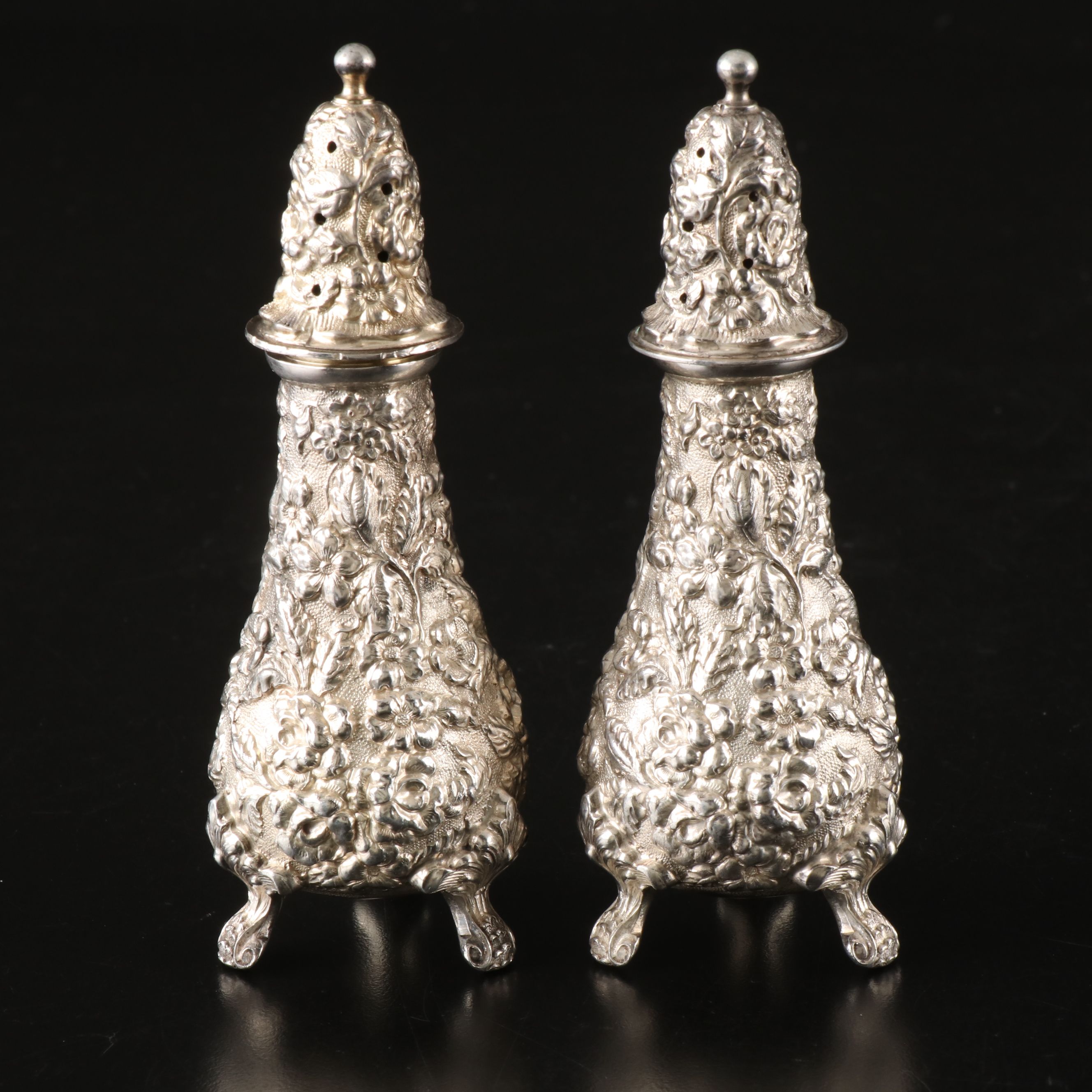 Stieff "Rose" Sterling Silver Repoussé Shakers