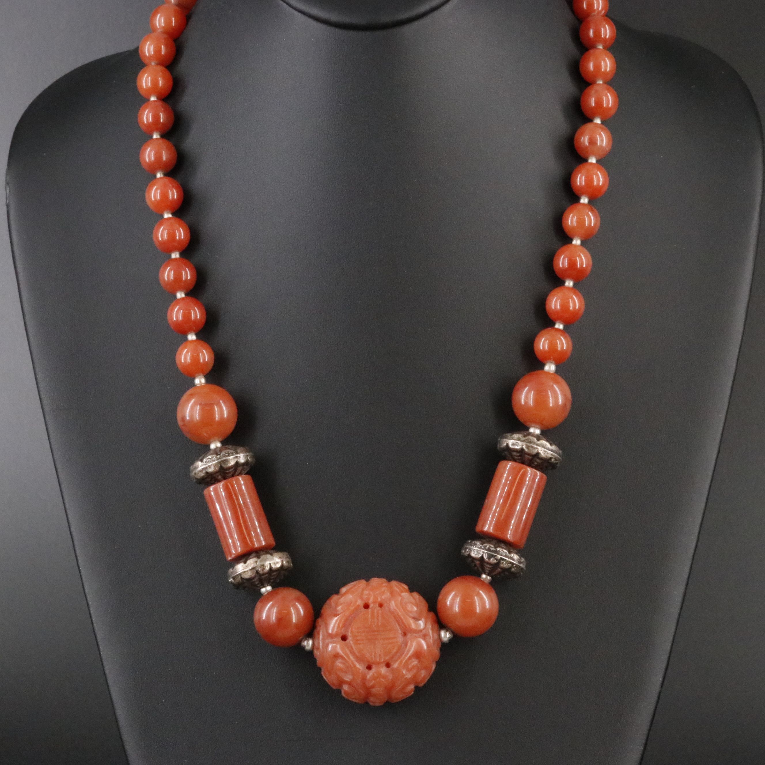 Chinese Carved Quartzite Bat Necklace with 800 Silver Accent Beads