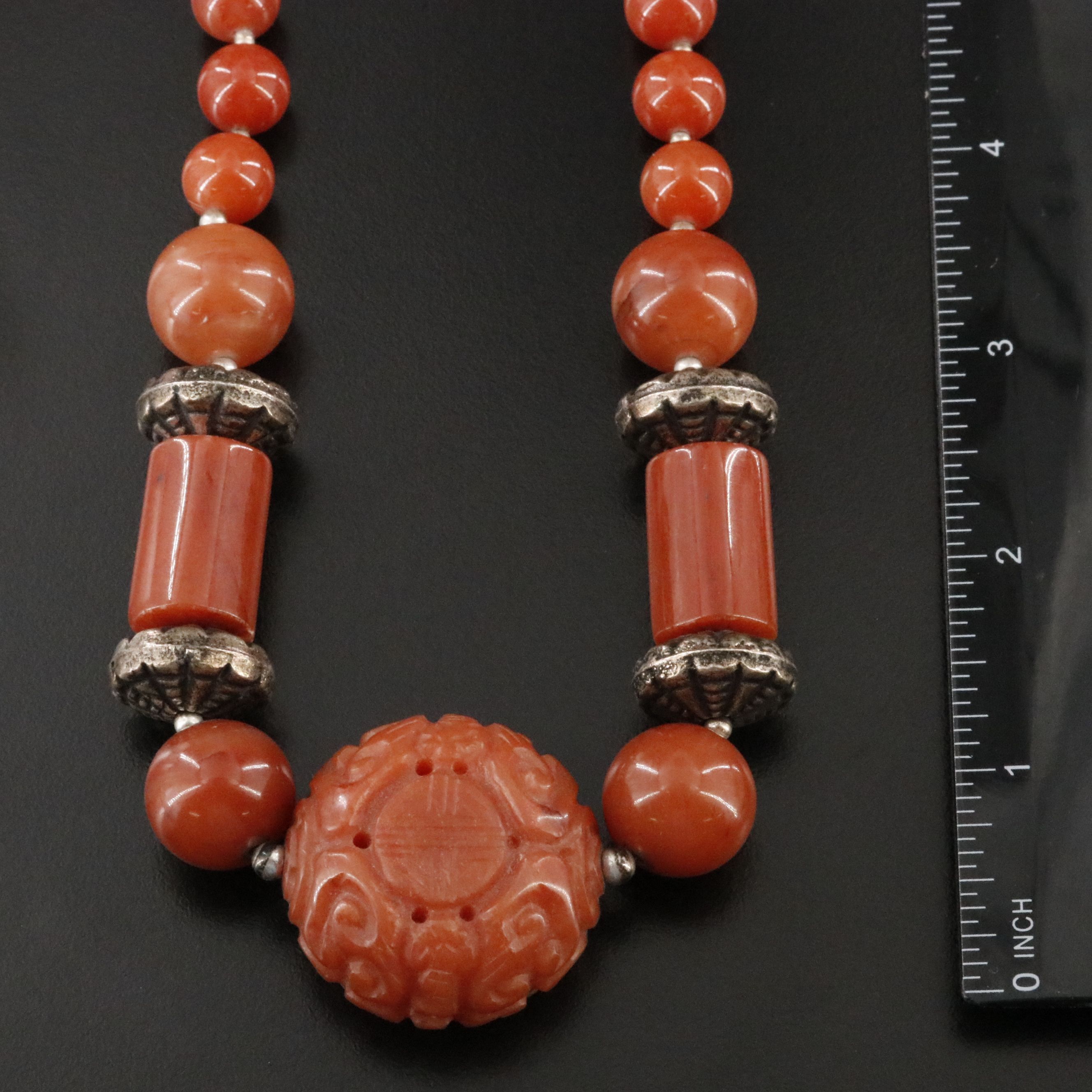 Chinese Carved Quartzite Bat Necklace with 800 Silver Accent Beads