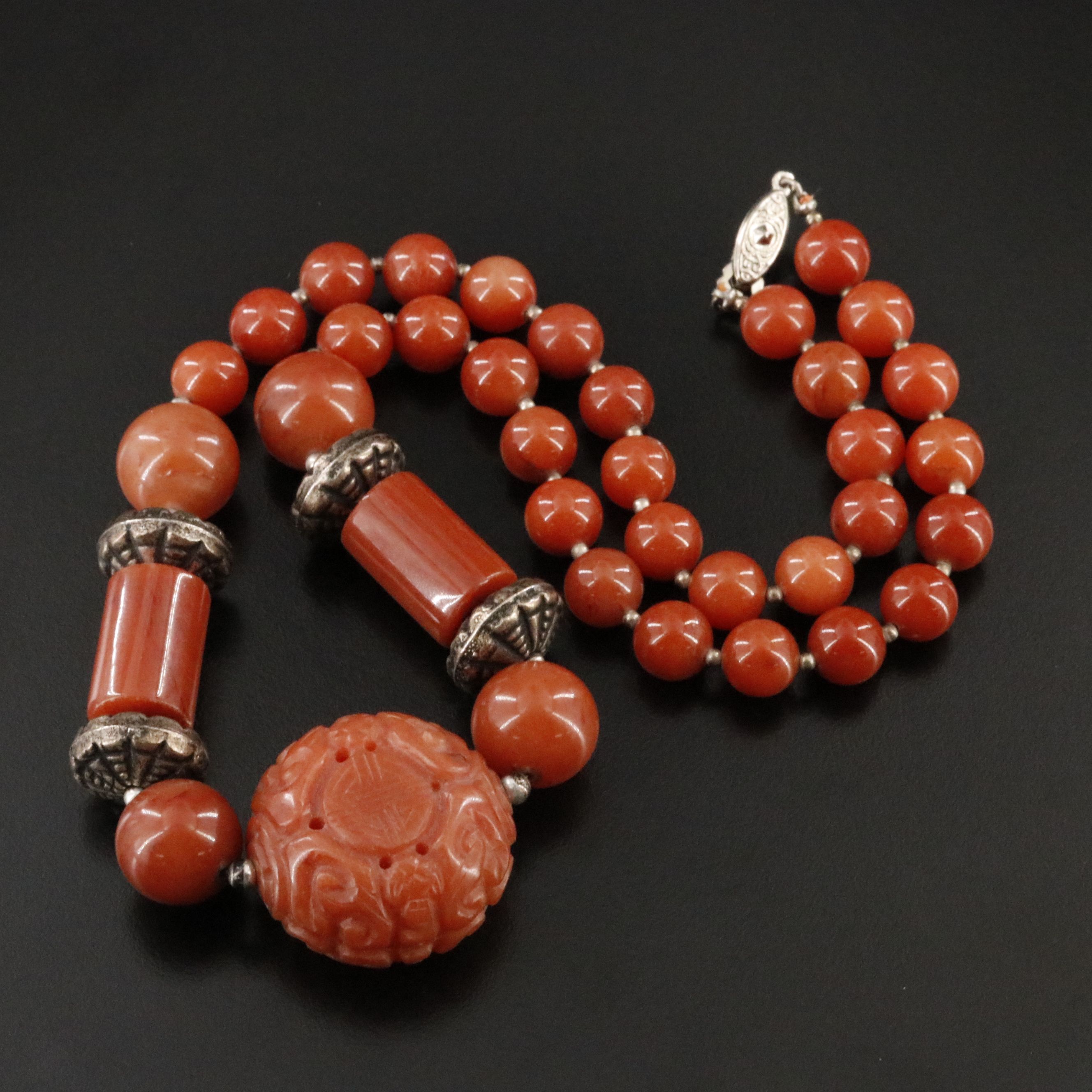 Chinese Carved Quartzite Bat Necklace with 800 Silver Accent Beads