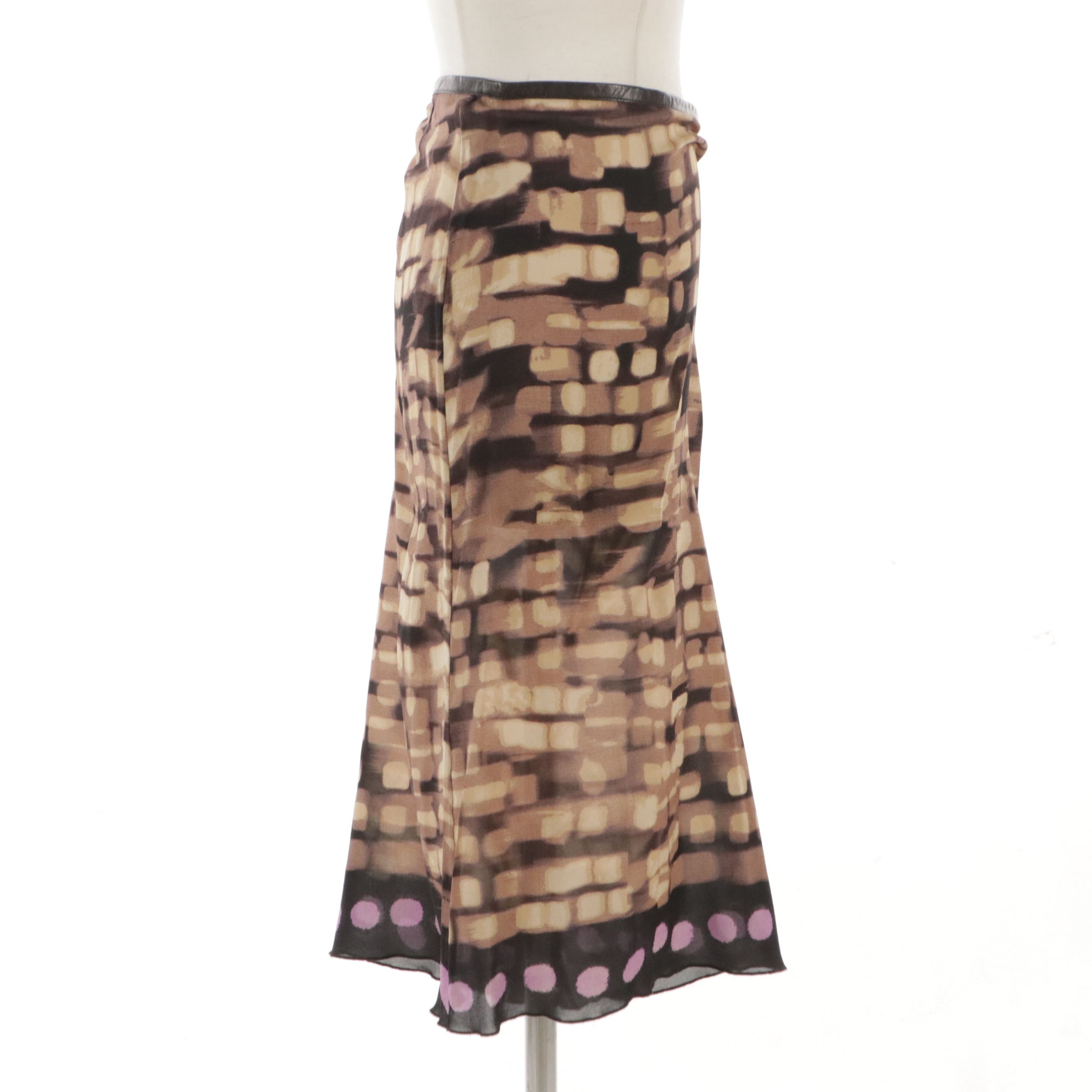 Prada Silk Brown Abstract Printed/Purple Polka Dot Hem Midi Skirt in Sheer Silk