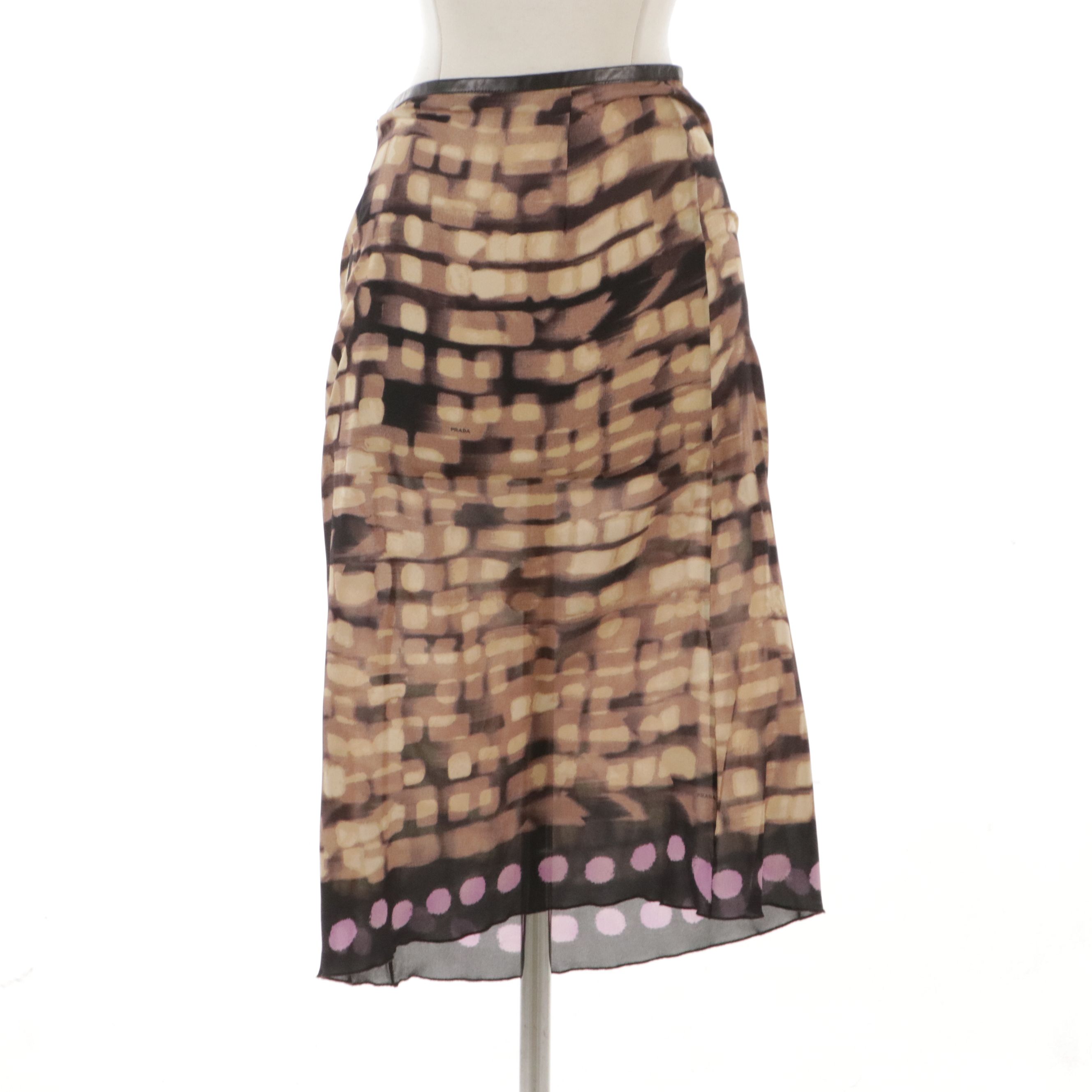 Prada Silk Brown Abstract Printed/Purple Polka Dot Hem Midi Skirt in Sheer Silk