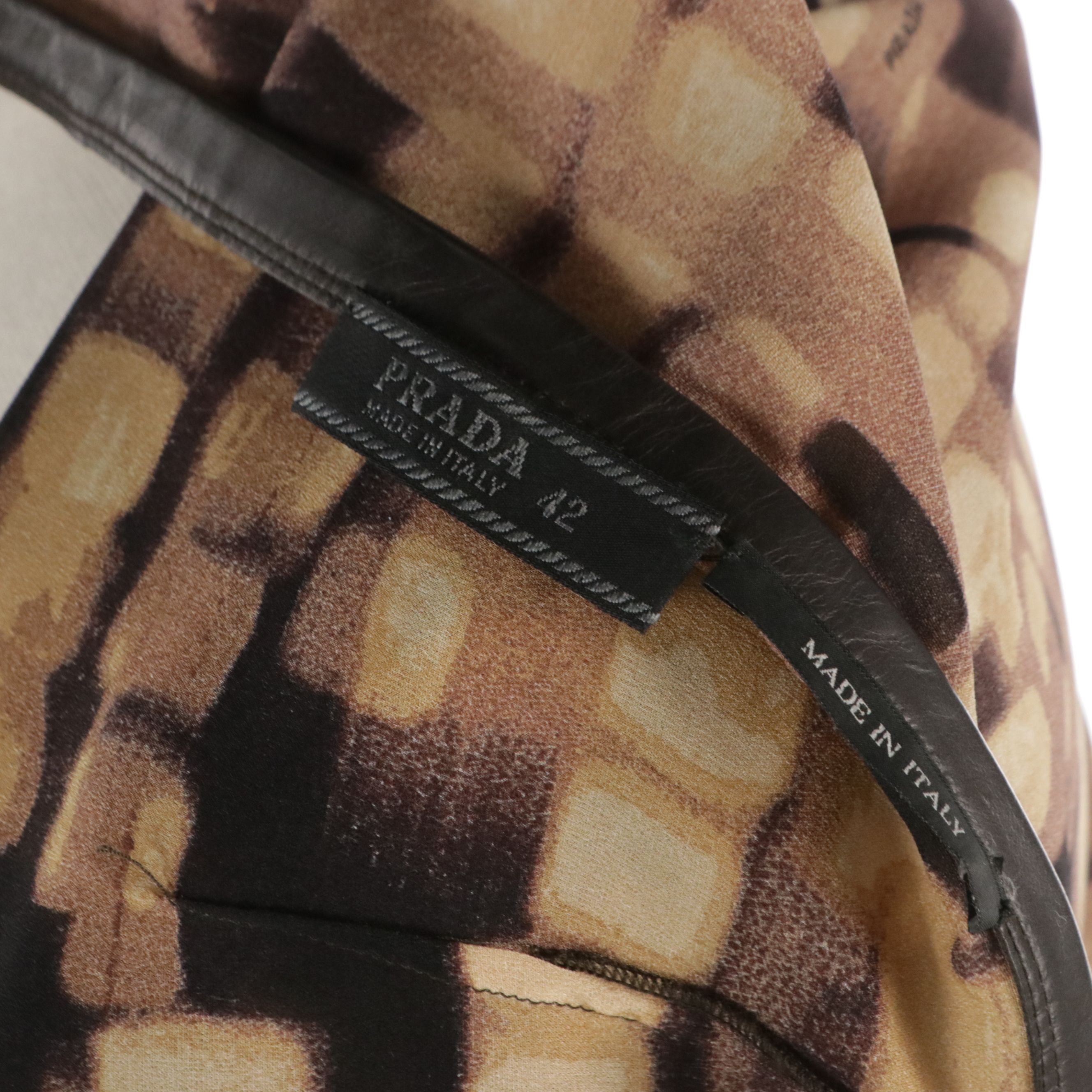 Prada Silk Brown Abstract Printed/Purple Polka Dot Hem Midi Skirt in Sheer Silk