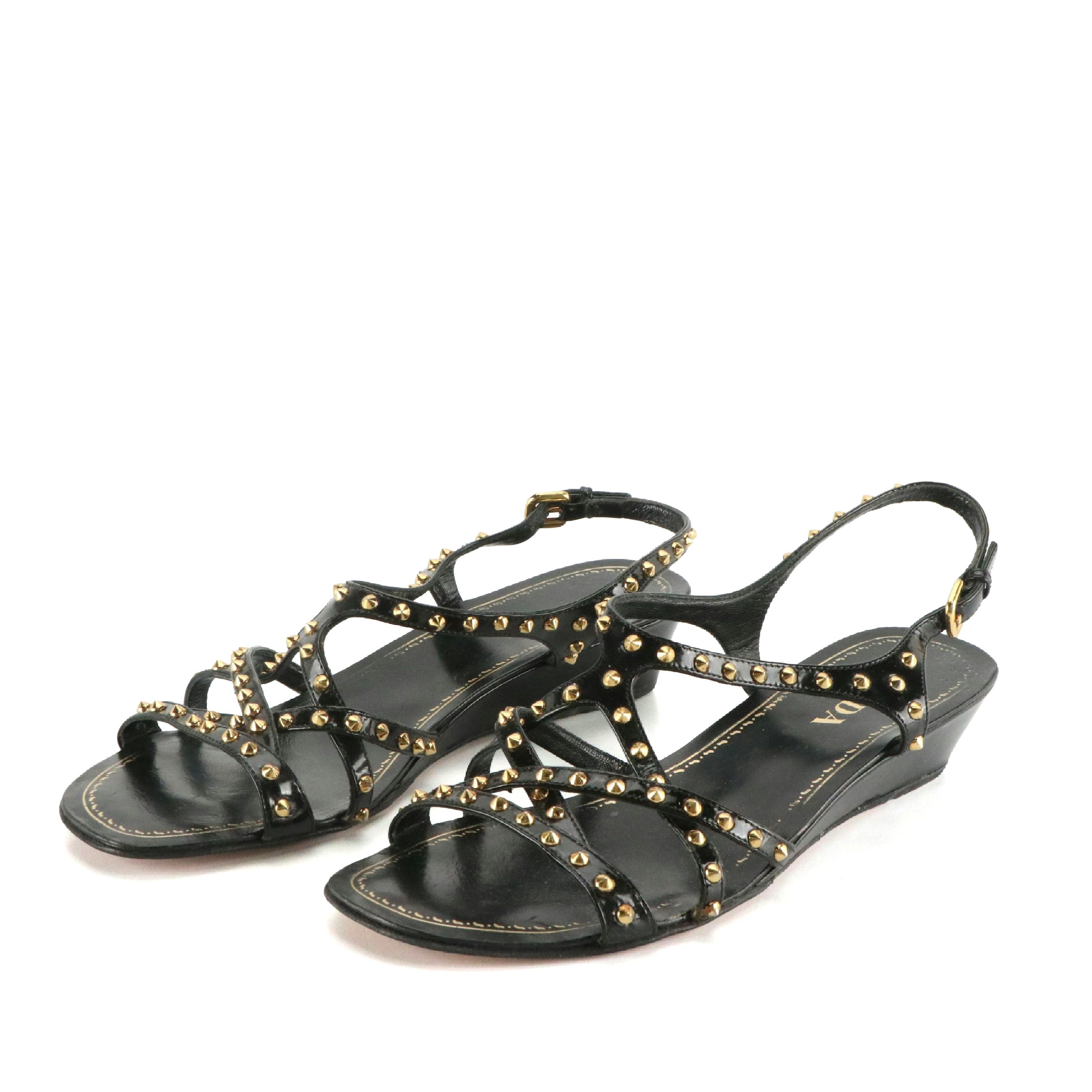 Prada Pyramid Studded Black Patent Leather Wedge Sandals