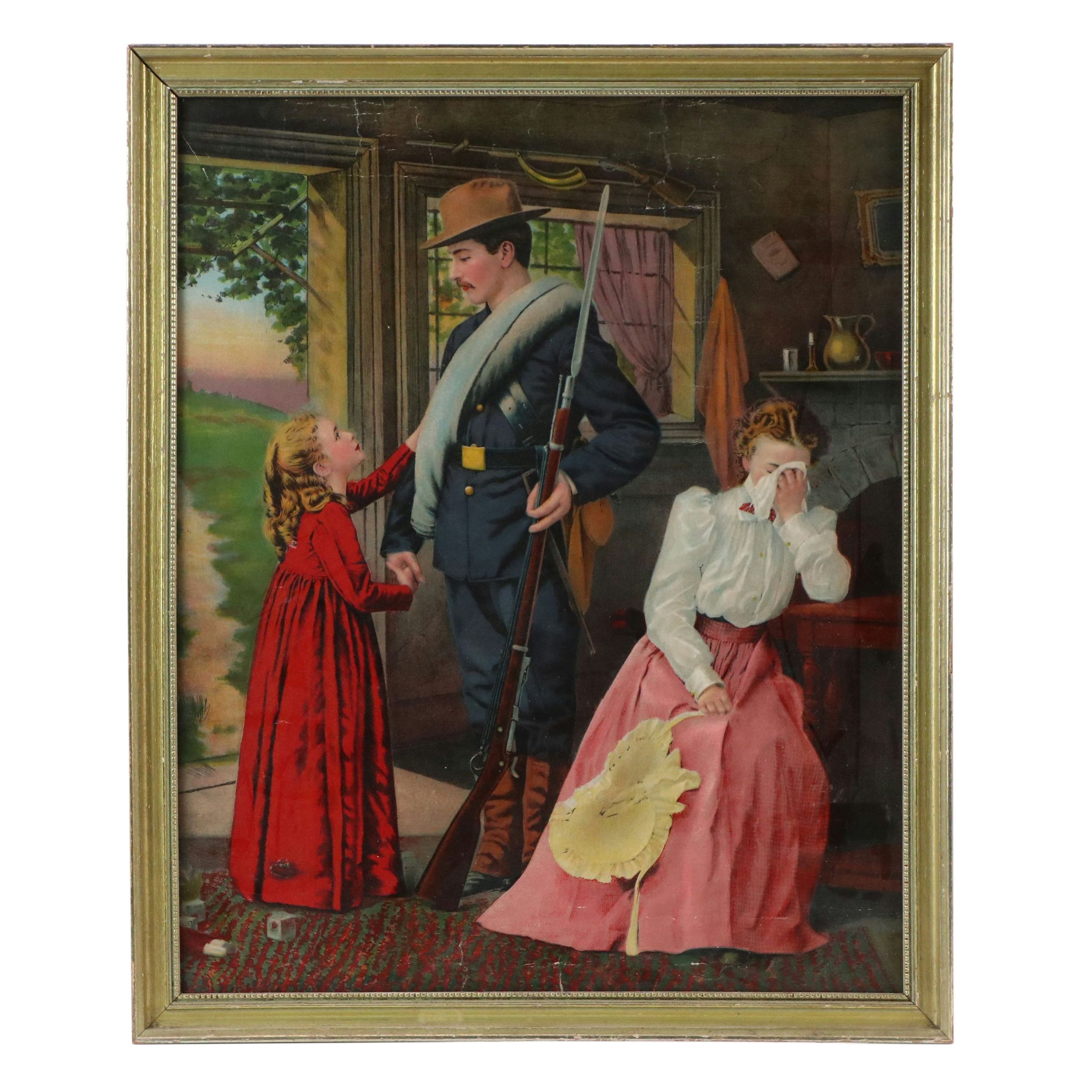 Hand-Colored Rotogravure of Soldier Leaving His Family, Early 20th Century