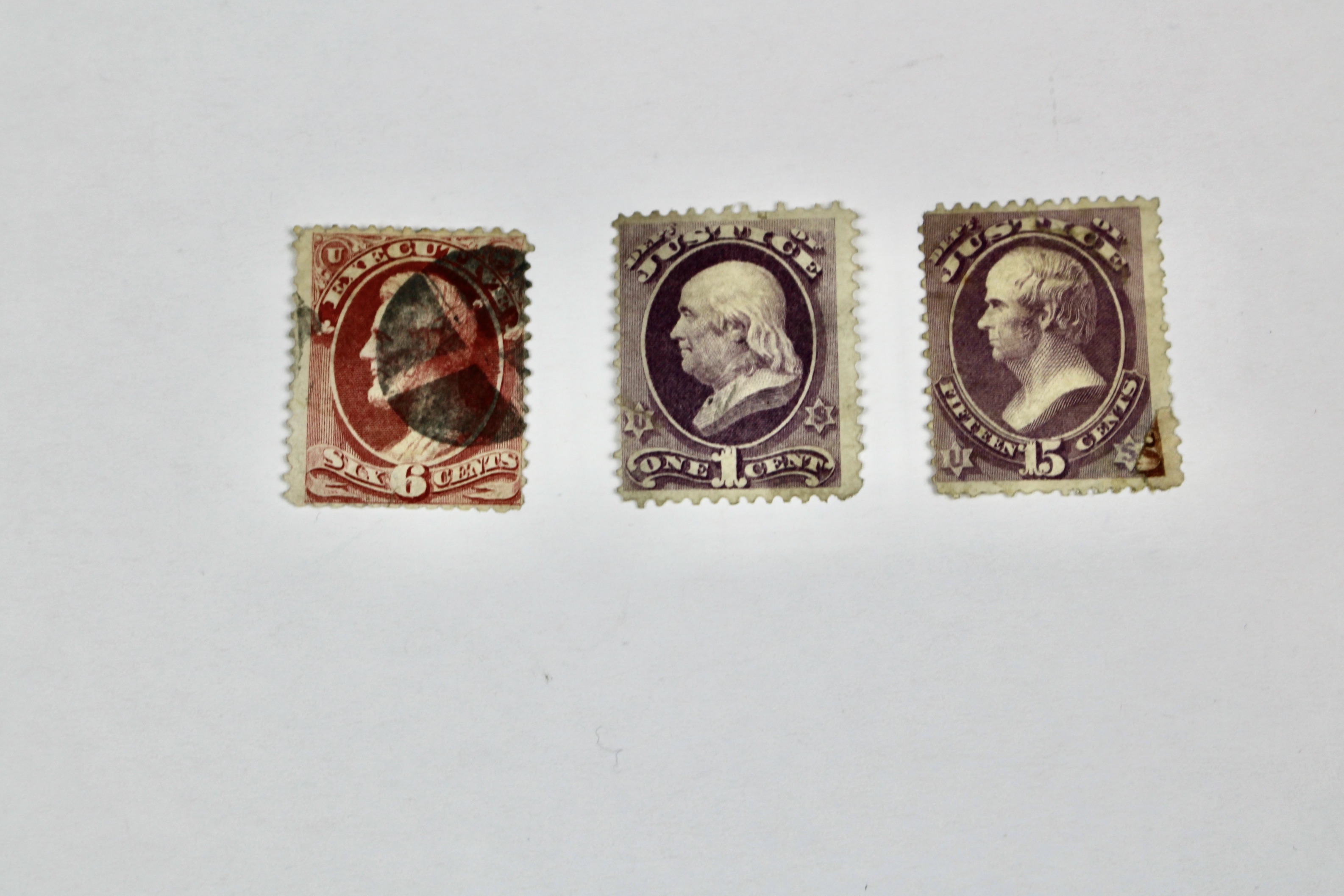 Three High Value U.S. Official Stamps, Scott 013, 025, and 031, 1870s/1880s