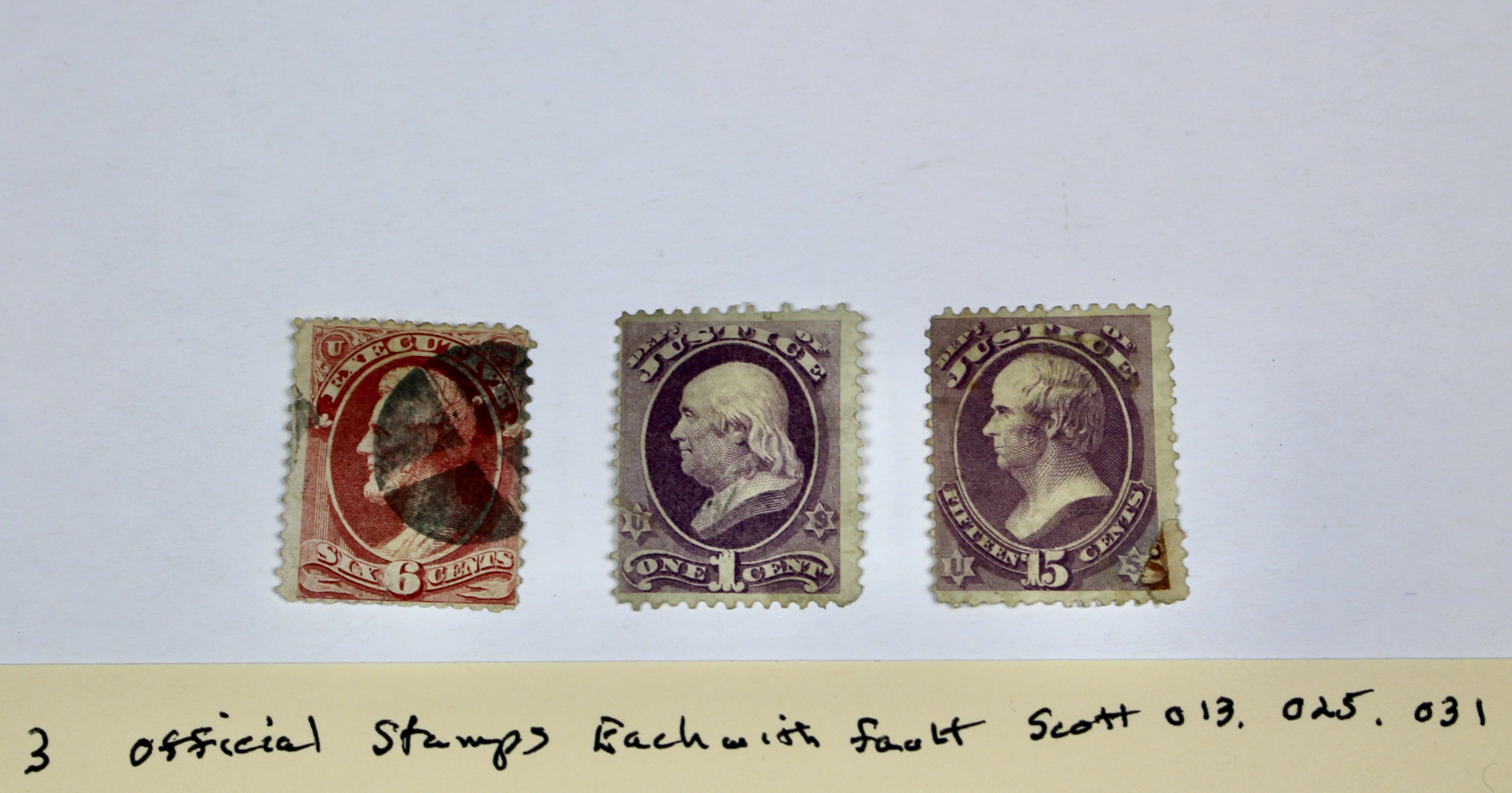 Three High Value U.S. Official Stamps, Scott 013, 025, and 031, 1870s/1880s