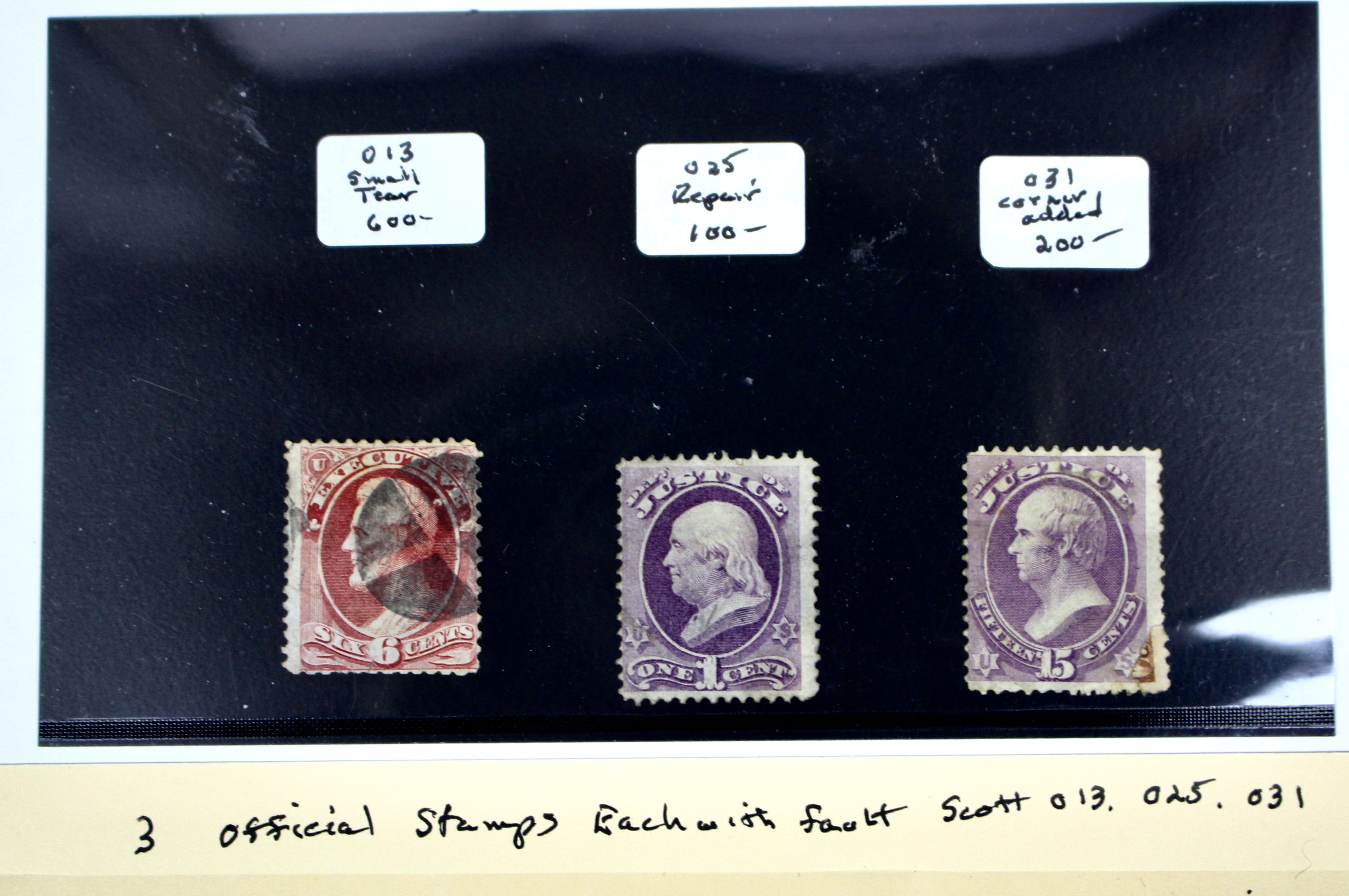 Three High Value U.S. Official Stamps, Scott 013, 025, and 031, 1870s/1880s