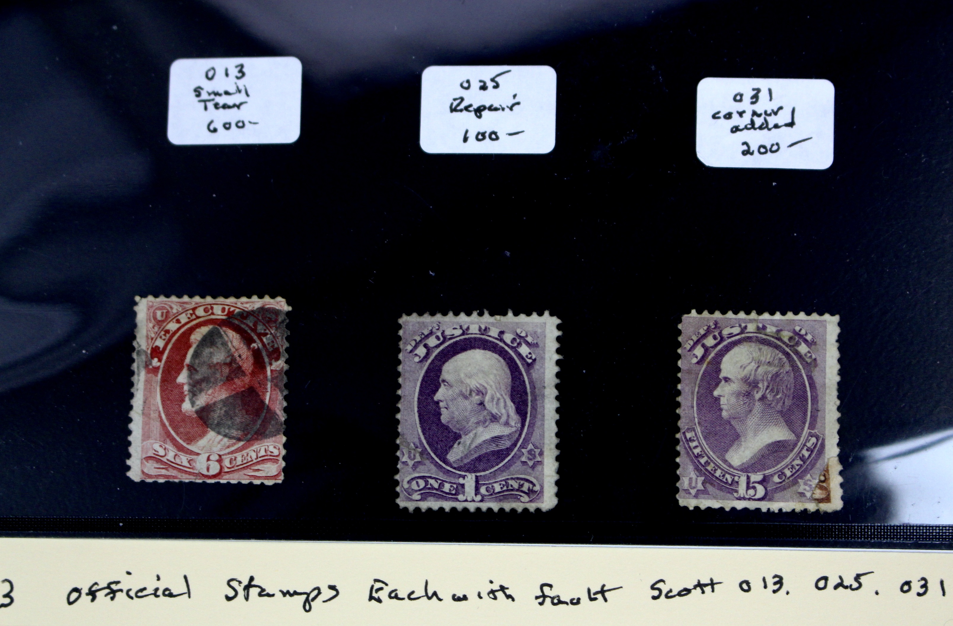 Three High Value U.S. Official Stamps, Scott 013, 025, and 031, 1870s/1880s