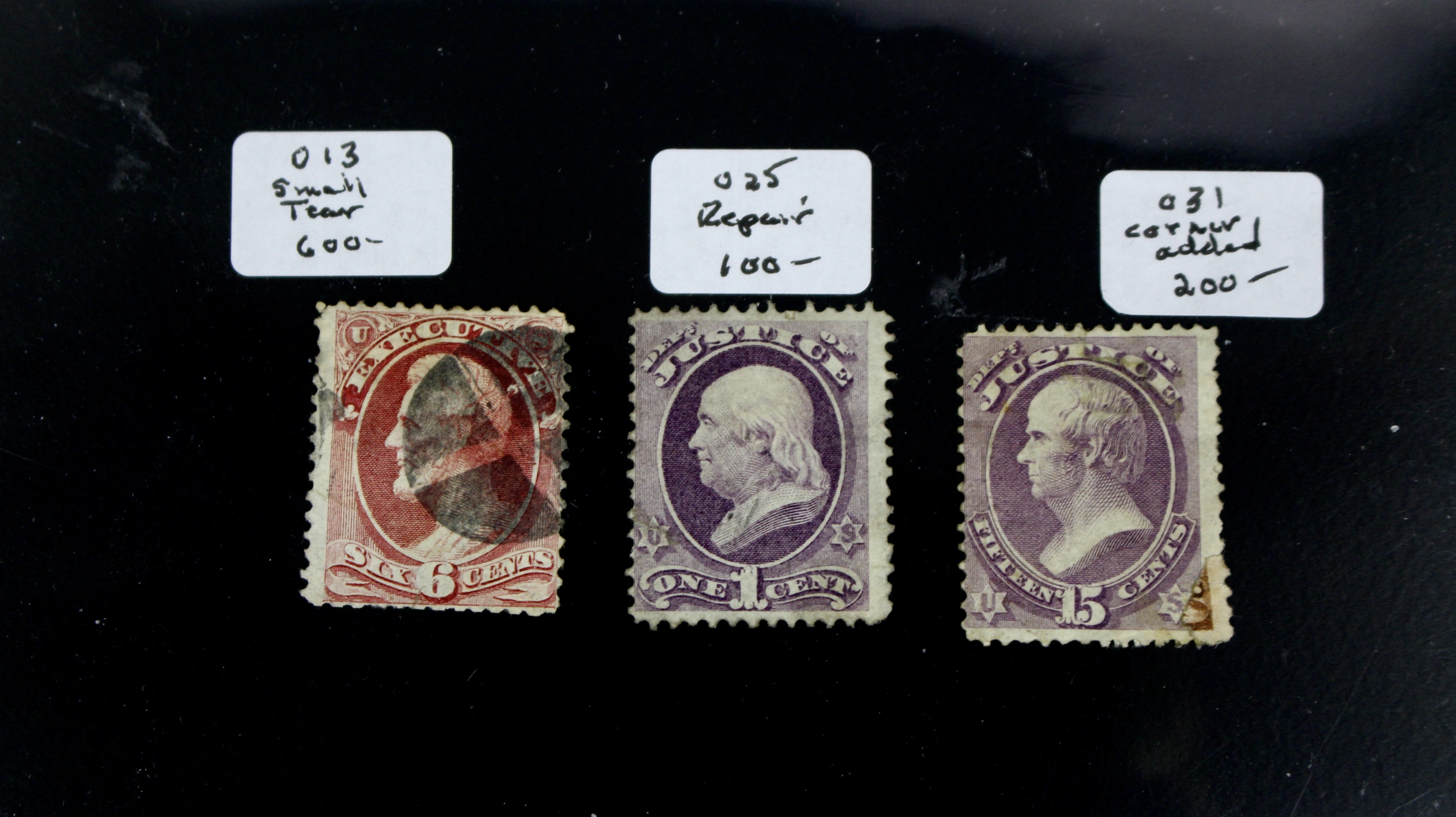 Three High Value U.S. Official Stamps, Scott 013, 025, and 031, 1870s/1880s