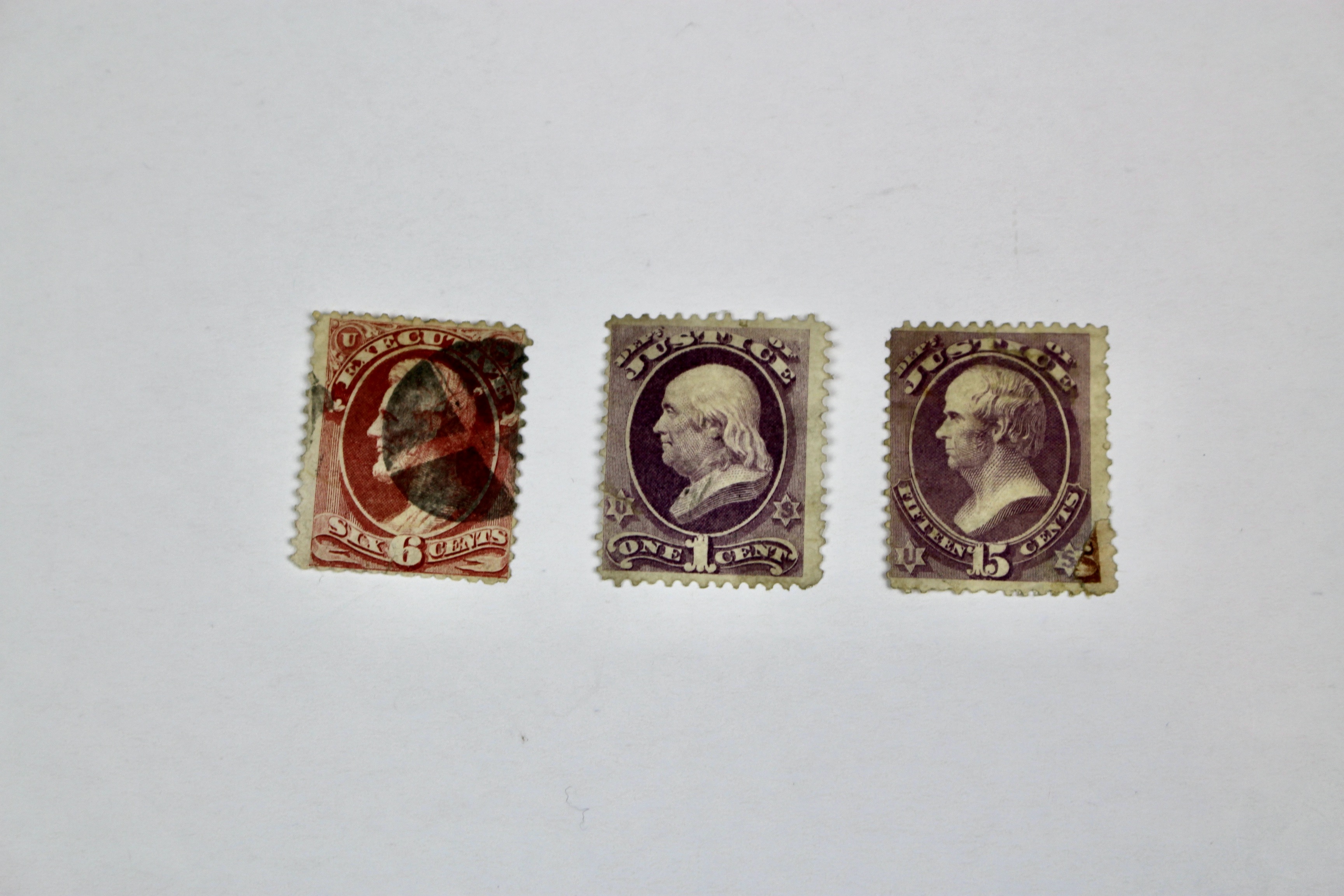Three High Value U.S. Official Stamps, Scott 013, 025, and 031, 1870s/1880s