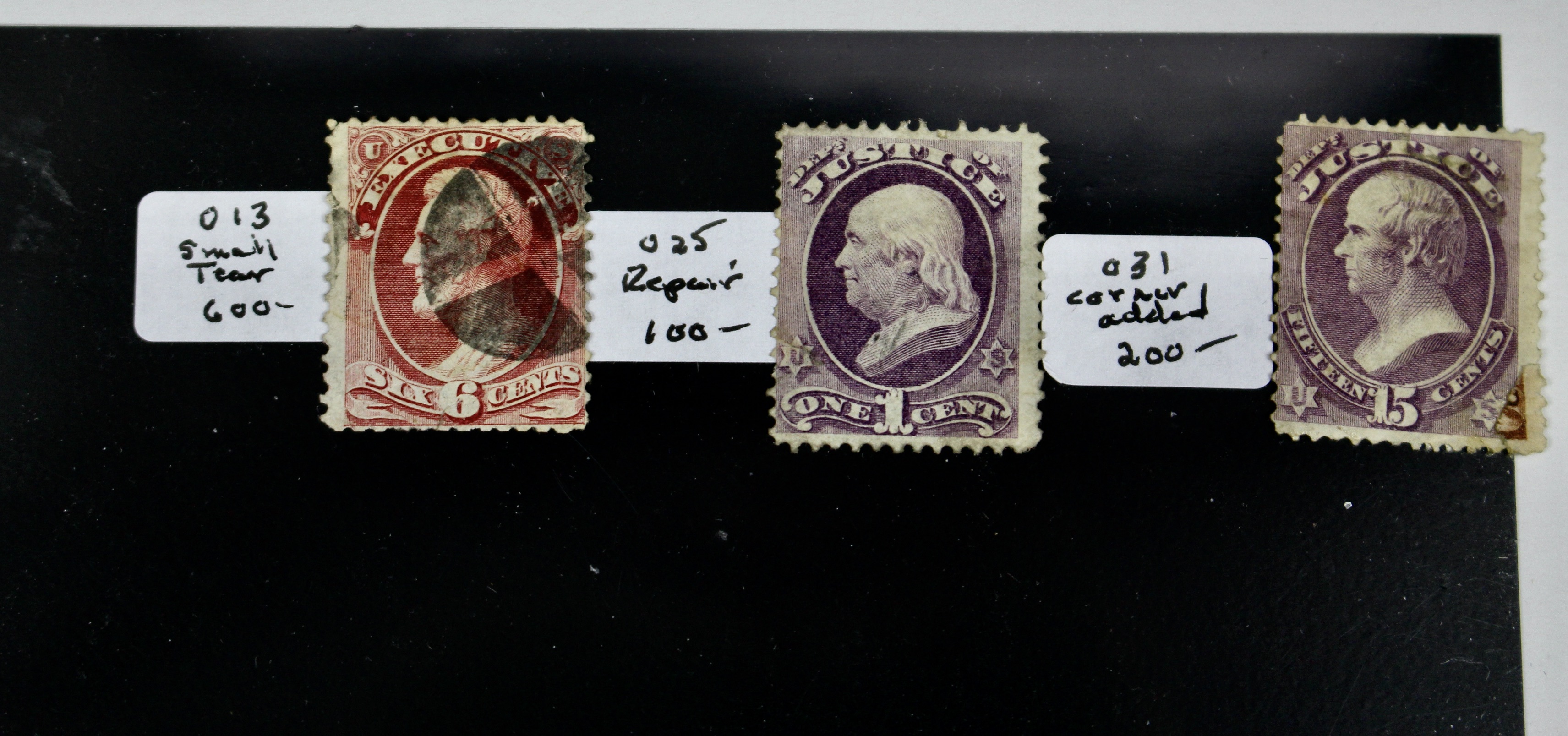 Three High Value U.S. Official Stamps, Scott 013, 025, and 031, 1870s/1880s