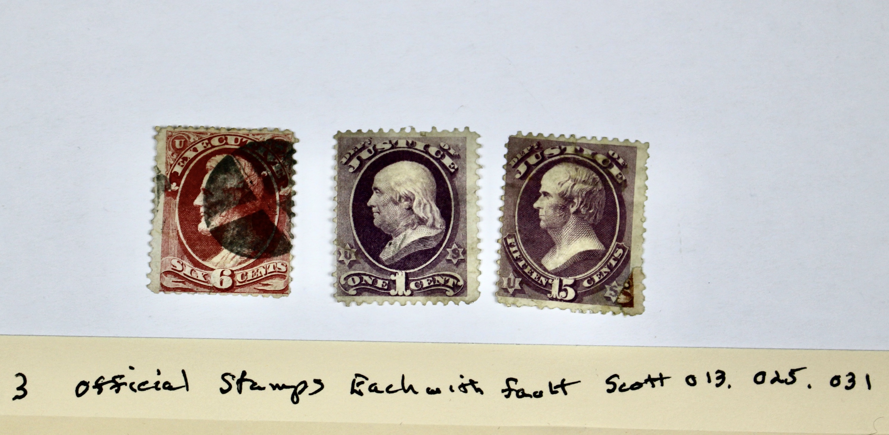 Three High Value U.S. Official Stamps, Scott 013, 025, and 031, 1870s/1880s