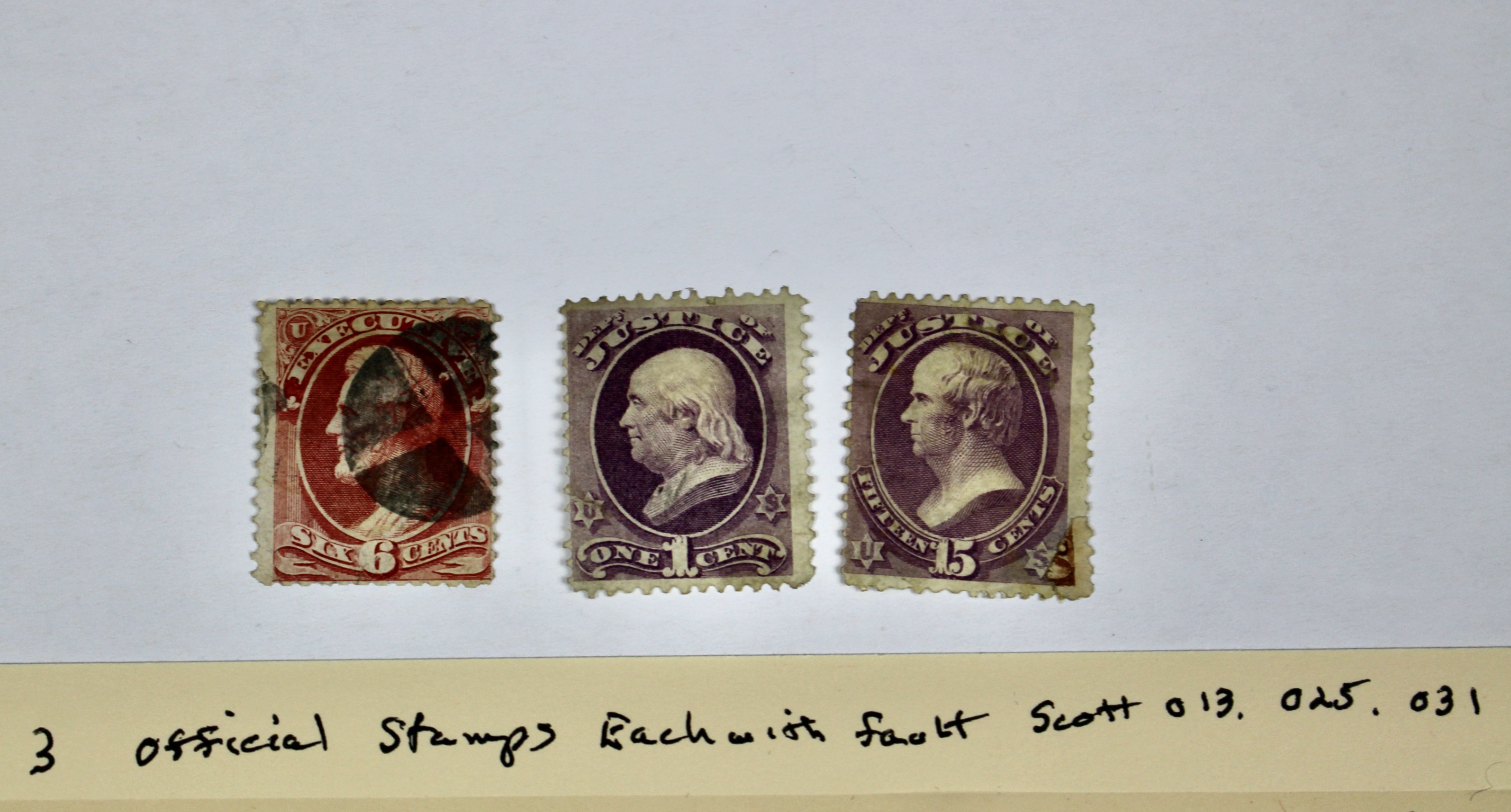 Three High Value U.S. Official Stamps, Scott 013, 025, and 031, 1870s/1880s