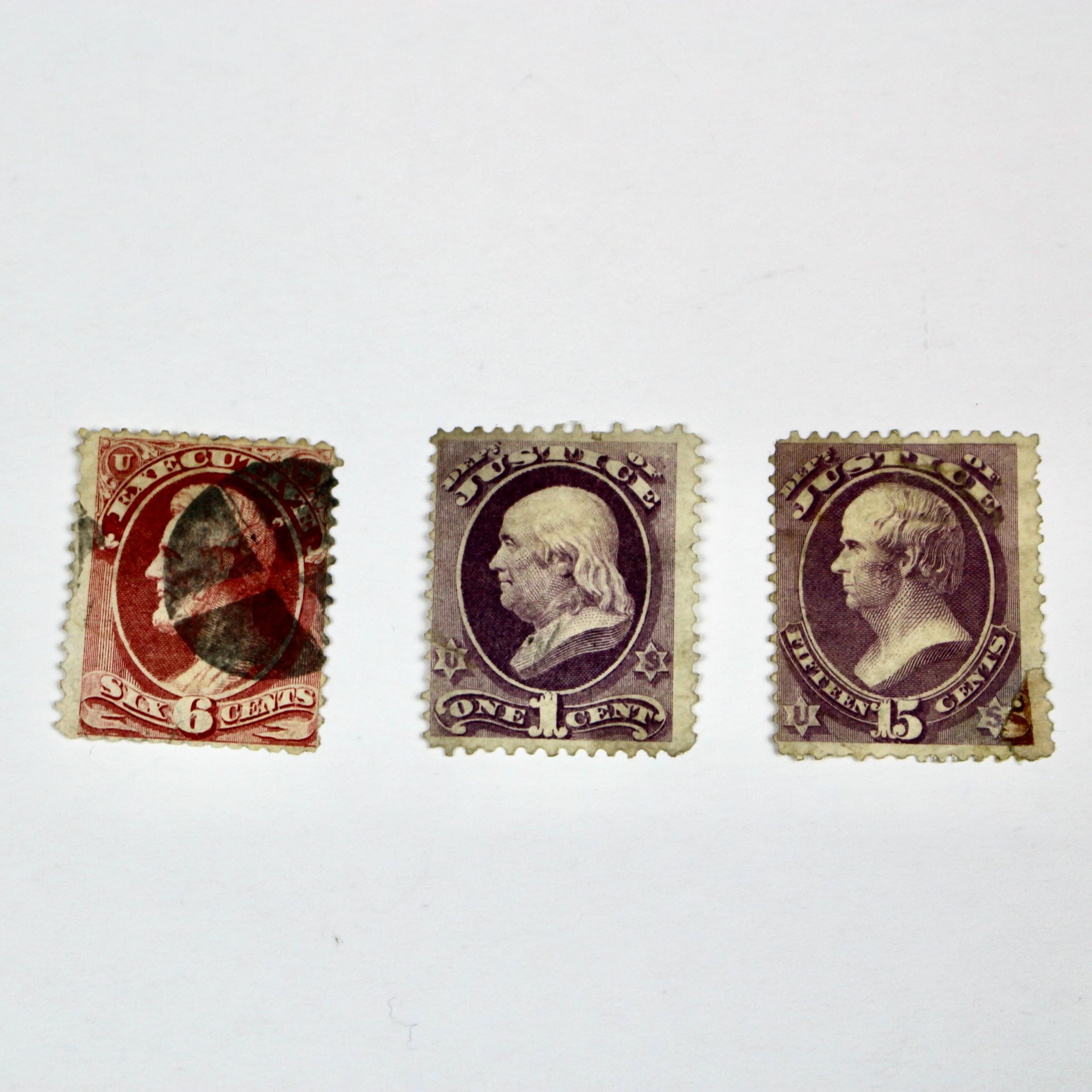 Three High Value U.S. Official Stamps, Scott 013, 025, and 031, 1870s/1880s