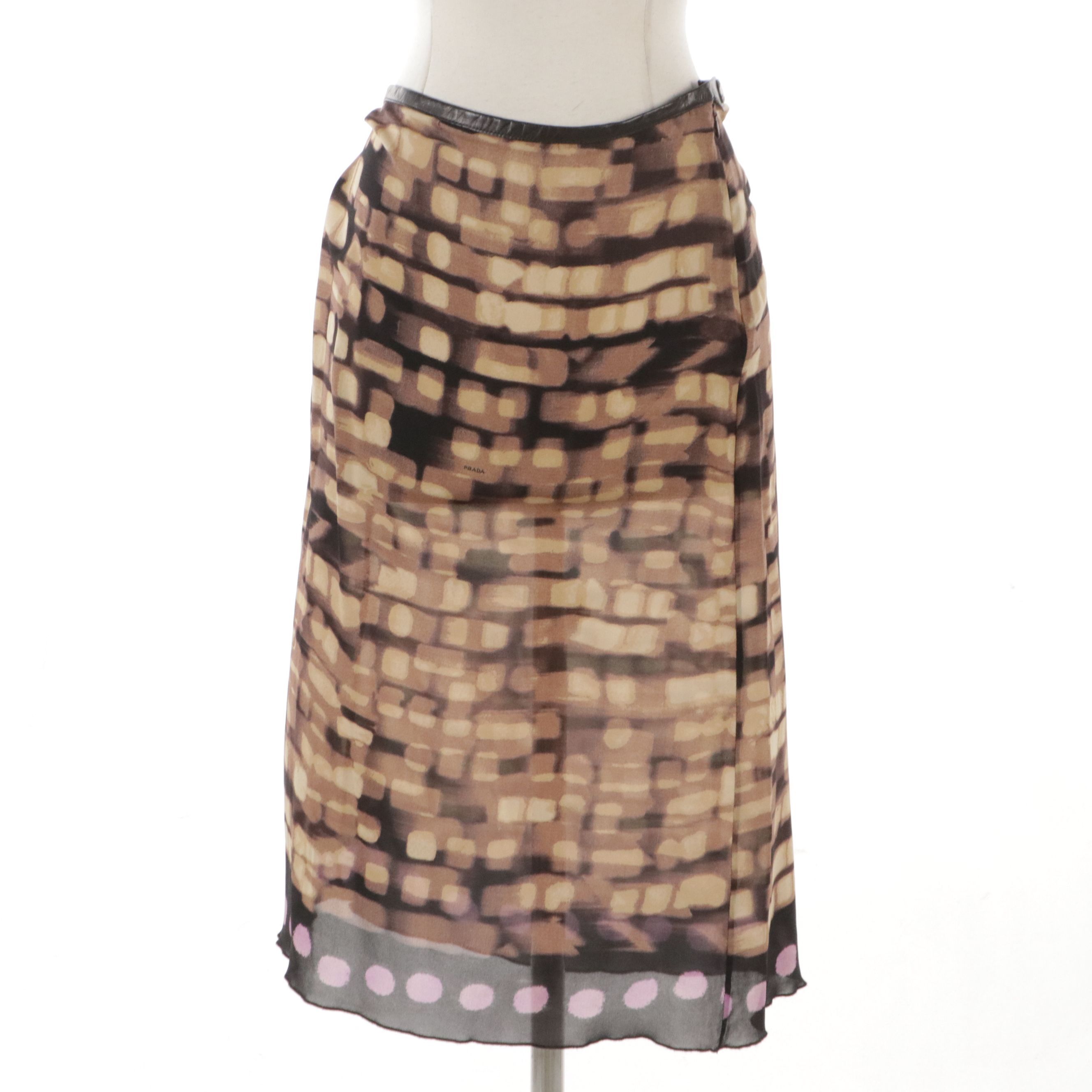 Prada Silk Brown Abstract Printed/Purple Polka Dot Hem Midi Skirt in Sheer Silk