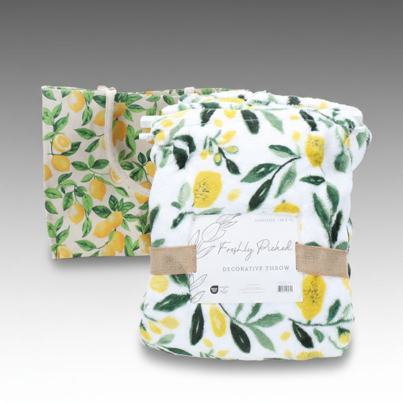 Freshly Picked Plush Lemon Throw Blanket with Lemon Print Cotton Tote Bag