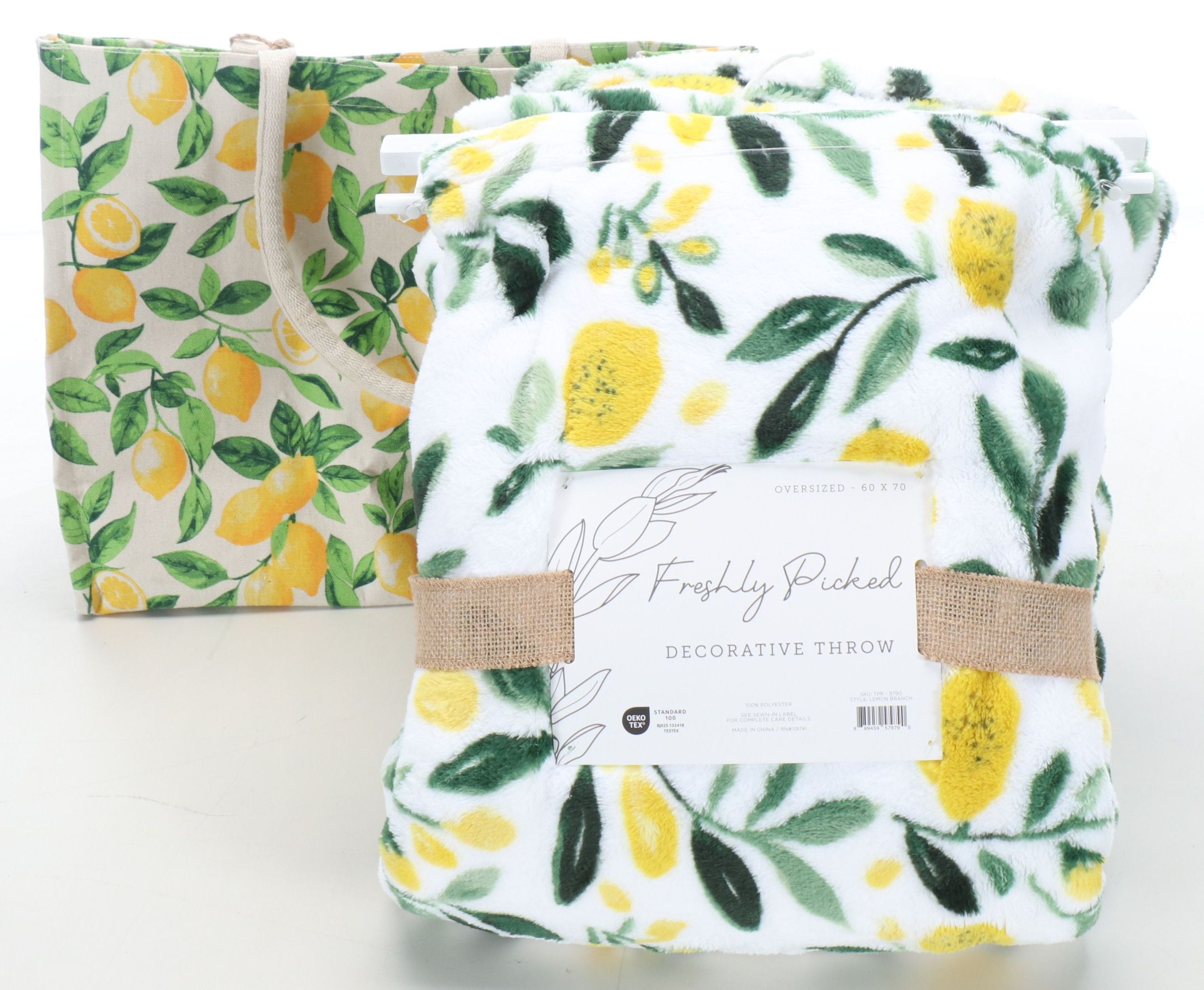 Freshly Picked Plush Lemon Throw Blanket with Lemon Print Cotton Tote Bag