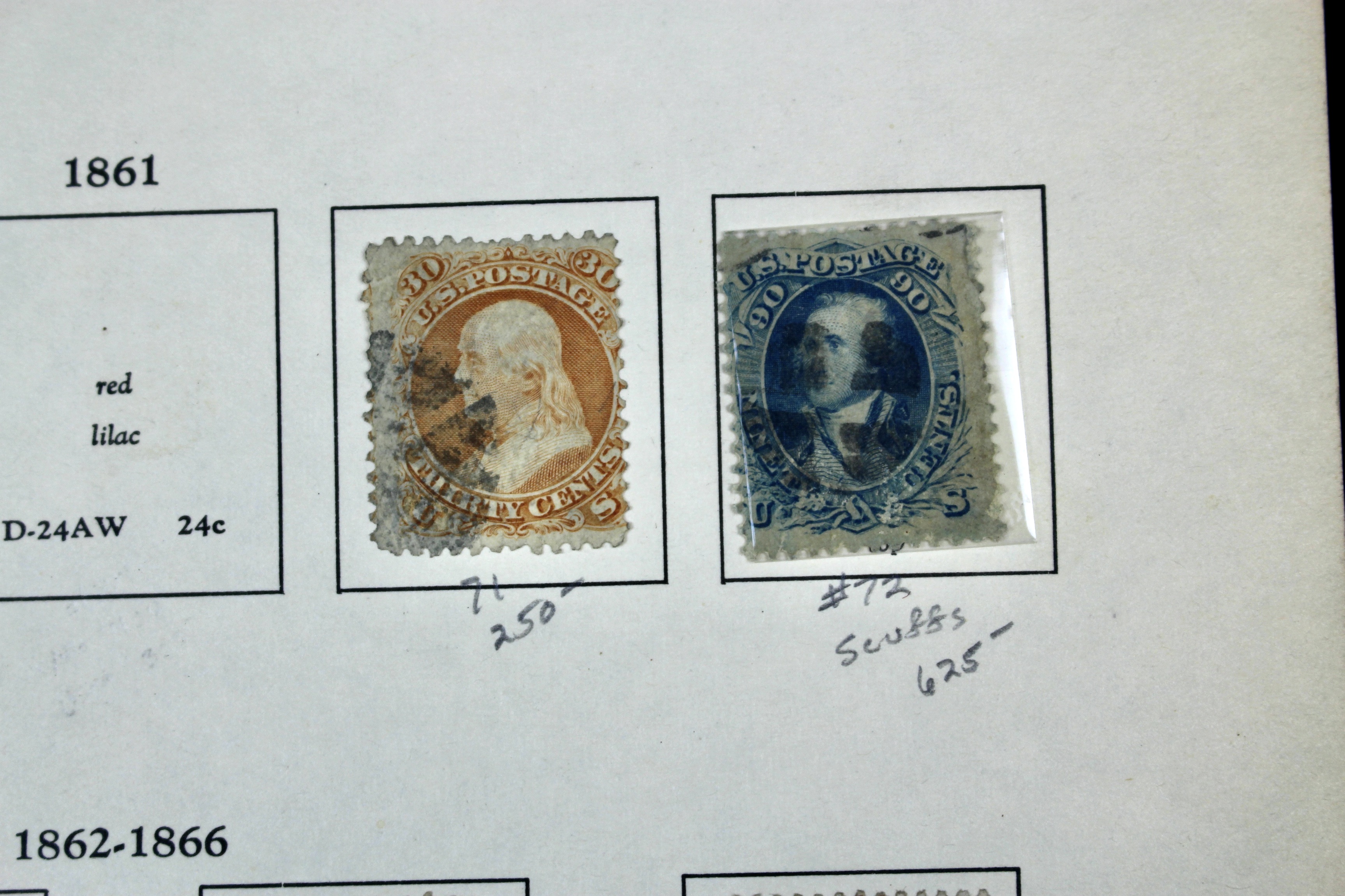 Ten Early U.S. Postage Stamps, Scott 68 to 78a, 1860s