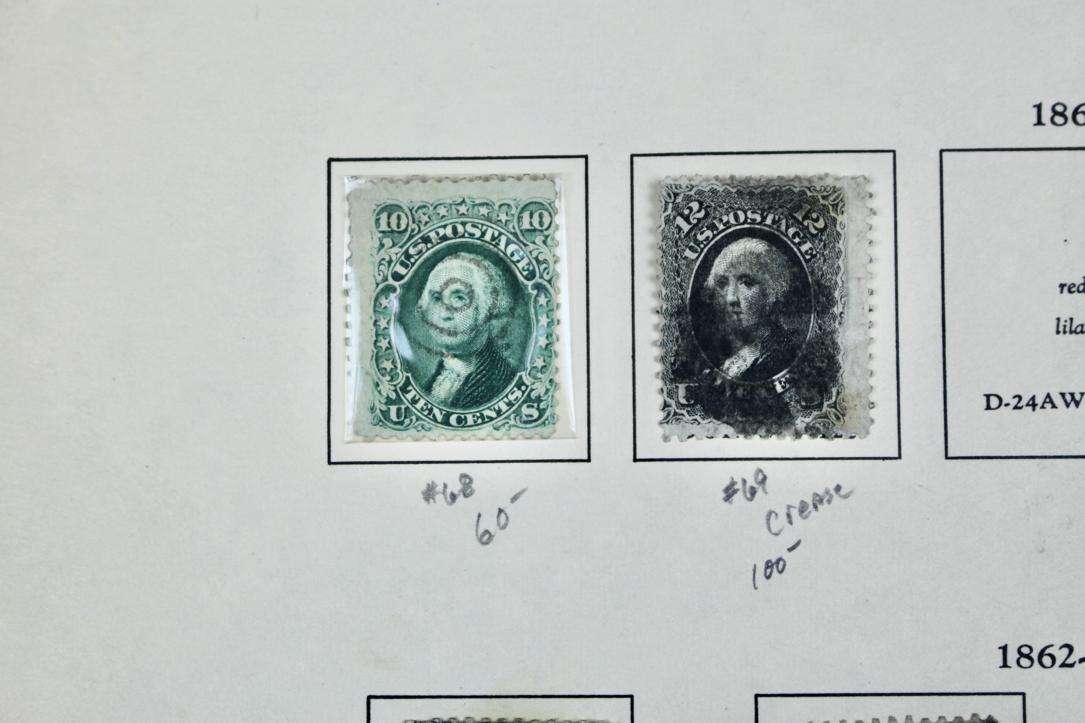 Ten Early U.S. Postage Stamps, Scott 68 to 78a, 1860s