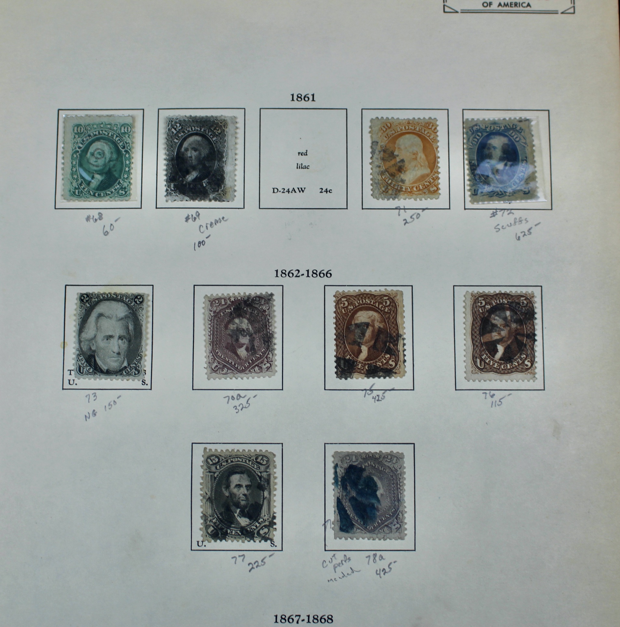 Ten Early U.S. Postage Stamps, Scott 68 to 78a, 1860s
