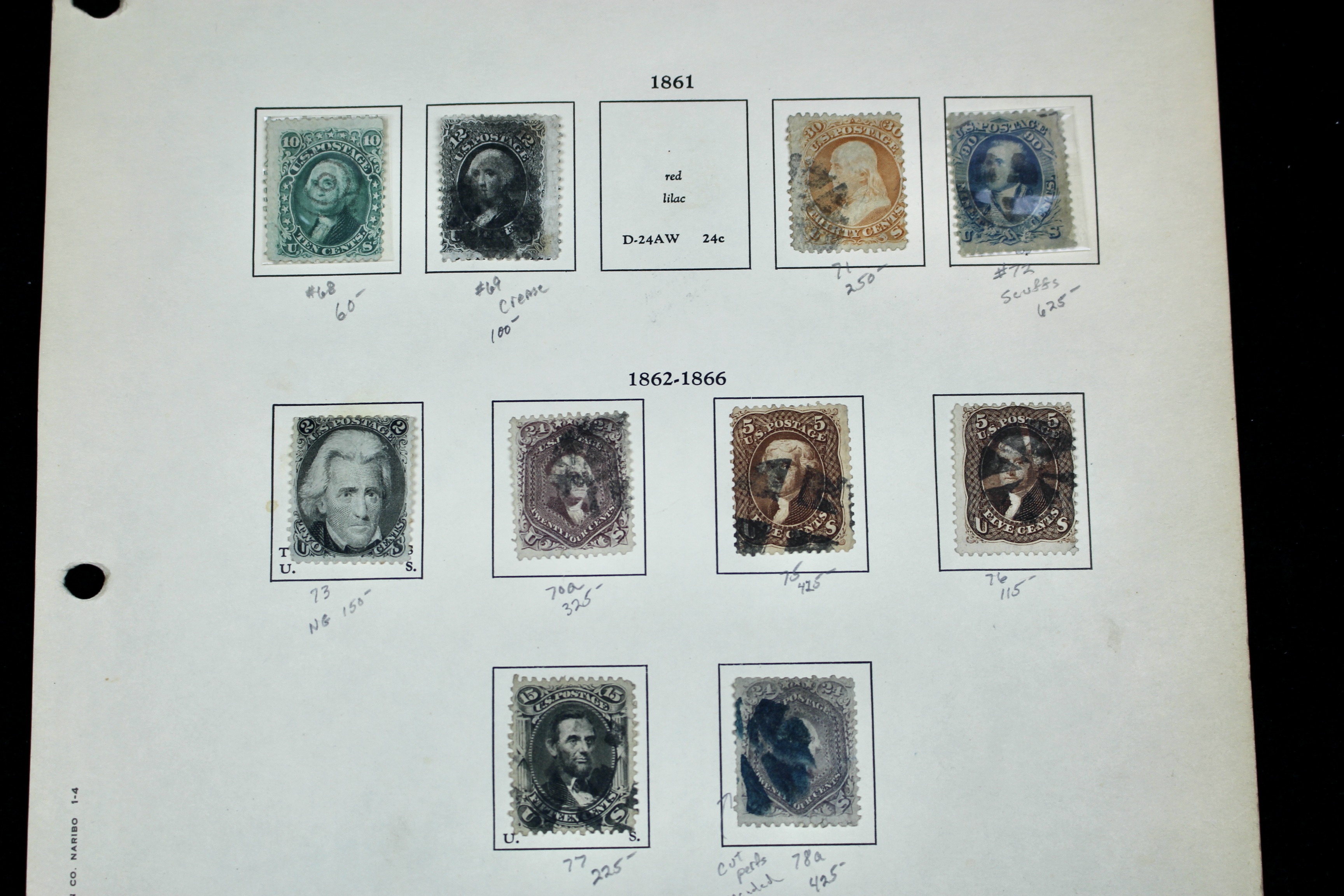 Ten Early U.S. Postage Stamps, Scott 68 to 78a, 1860s