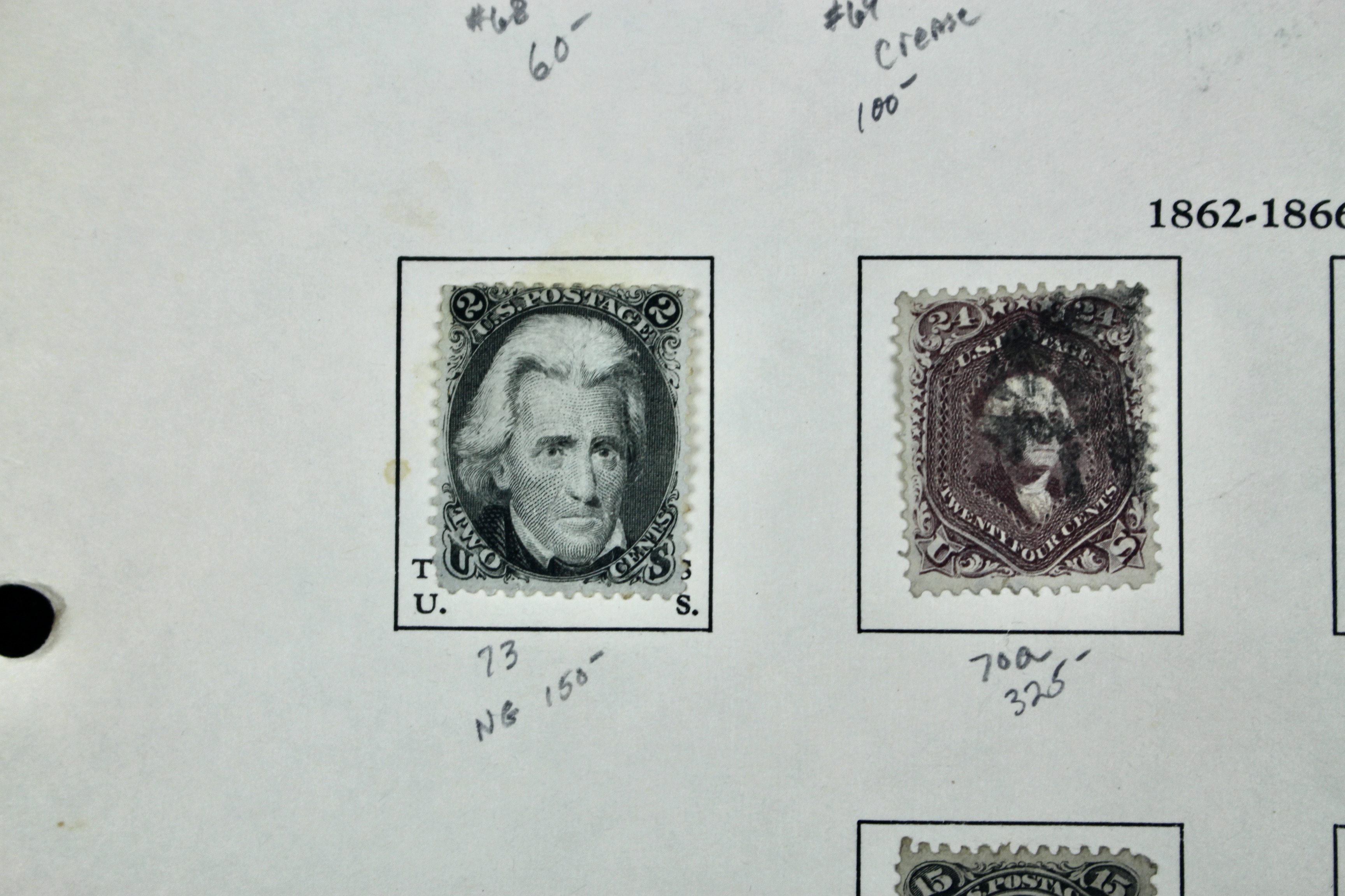 Ten Early U.S. Postage Stamps, Scott 68 to 78a, 1860s