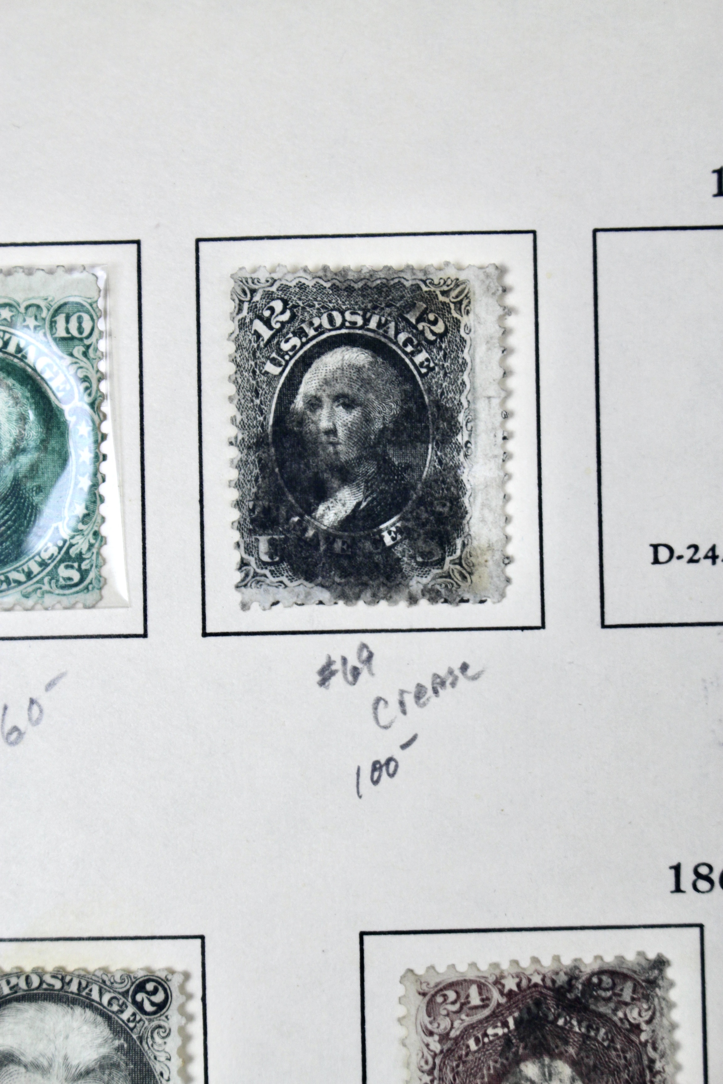 Ten Early U.S. Postage Stamps, Scott 68 to 78a, 1860s