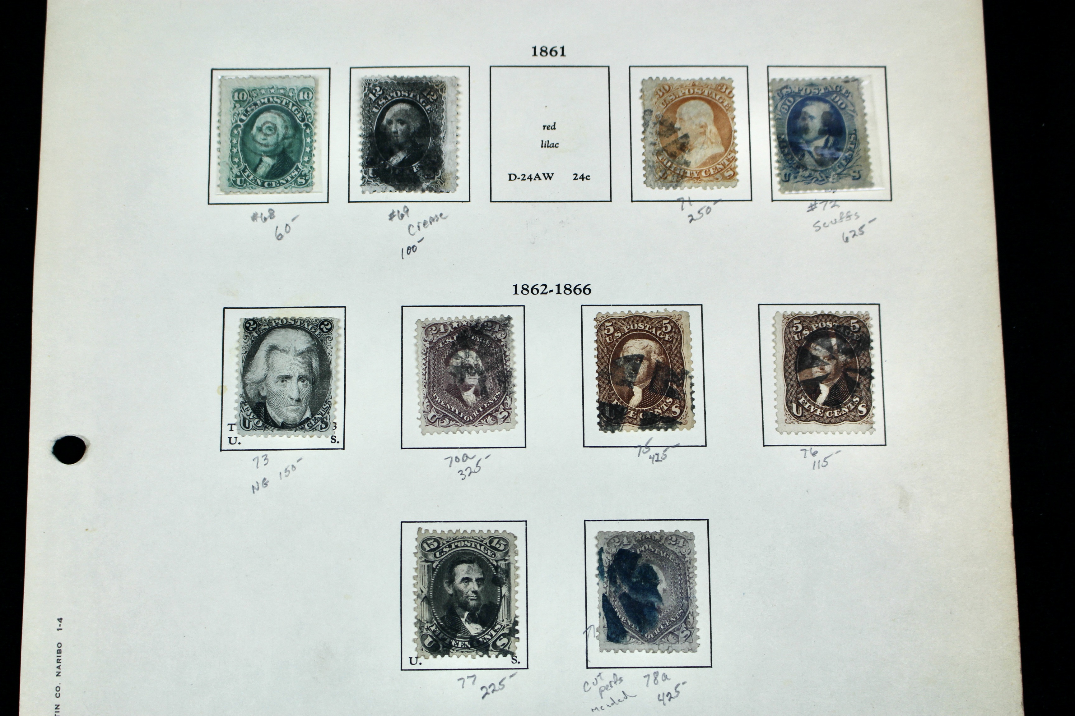 Ten Early U.S. Postage Stamps, Scott 68 to 78a, 1860s