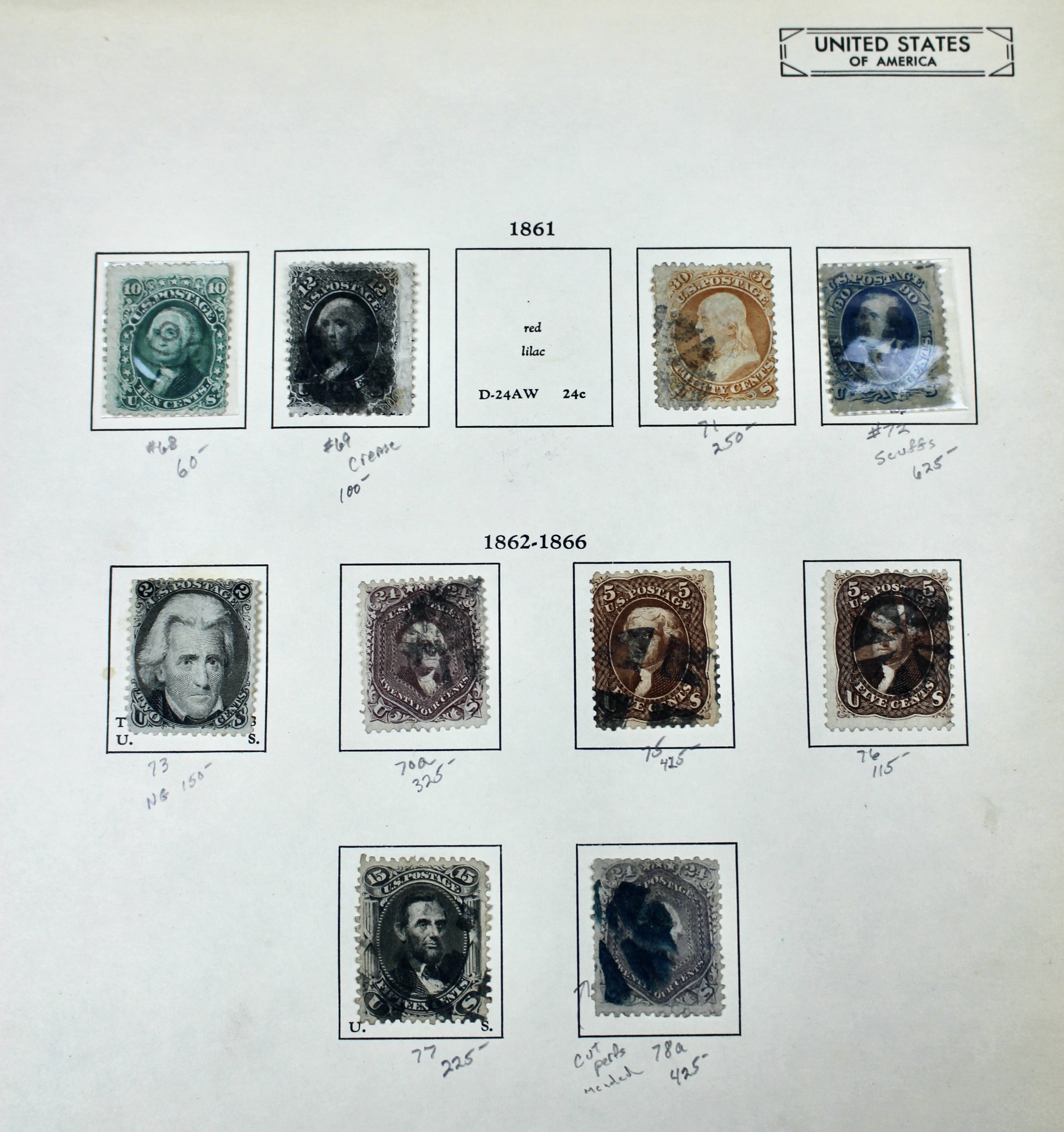 Ten Early U.S. Postage Stamps, Scott 68 to 78a, 1860s