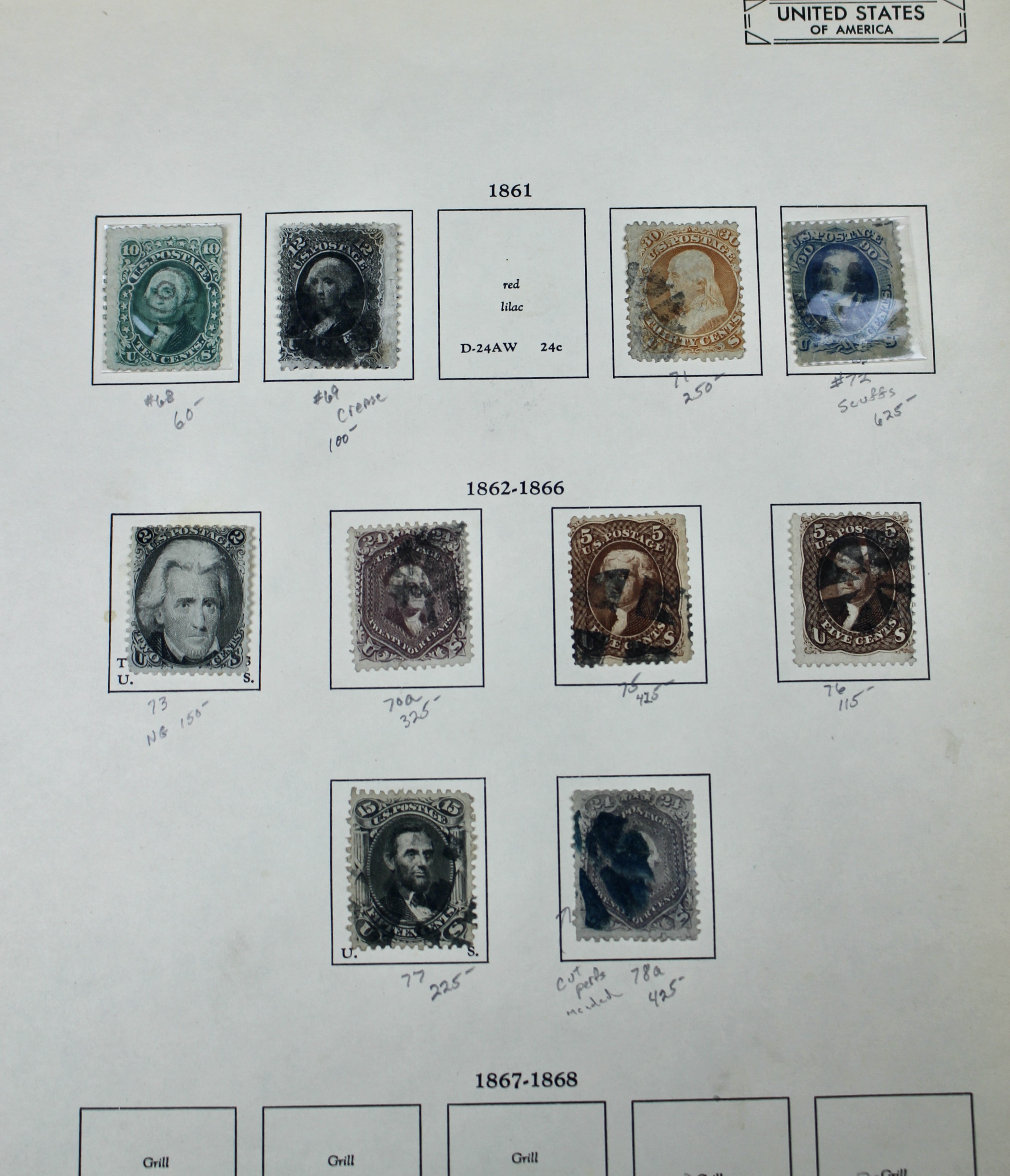 Ten Early U.S. Postage Stamps, Scott 68 to 78a, 1860s
