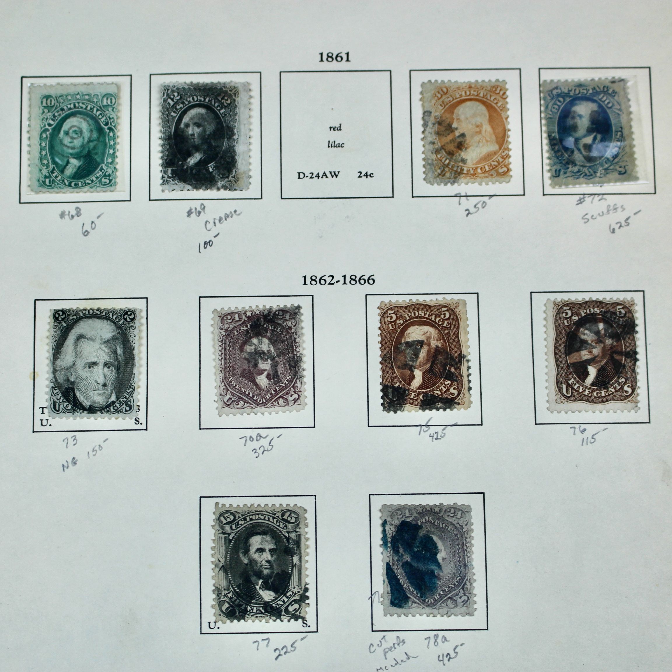 Ten Early U.S. Postage Stamps, Scott 68 to 78a, 1860s