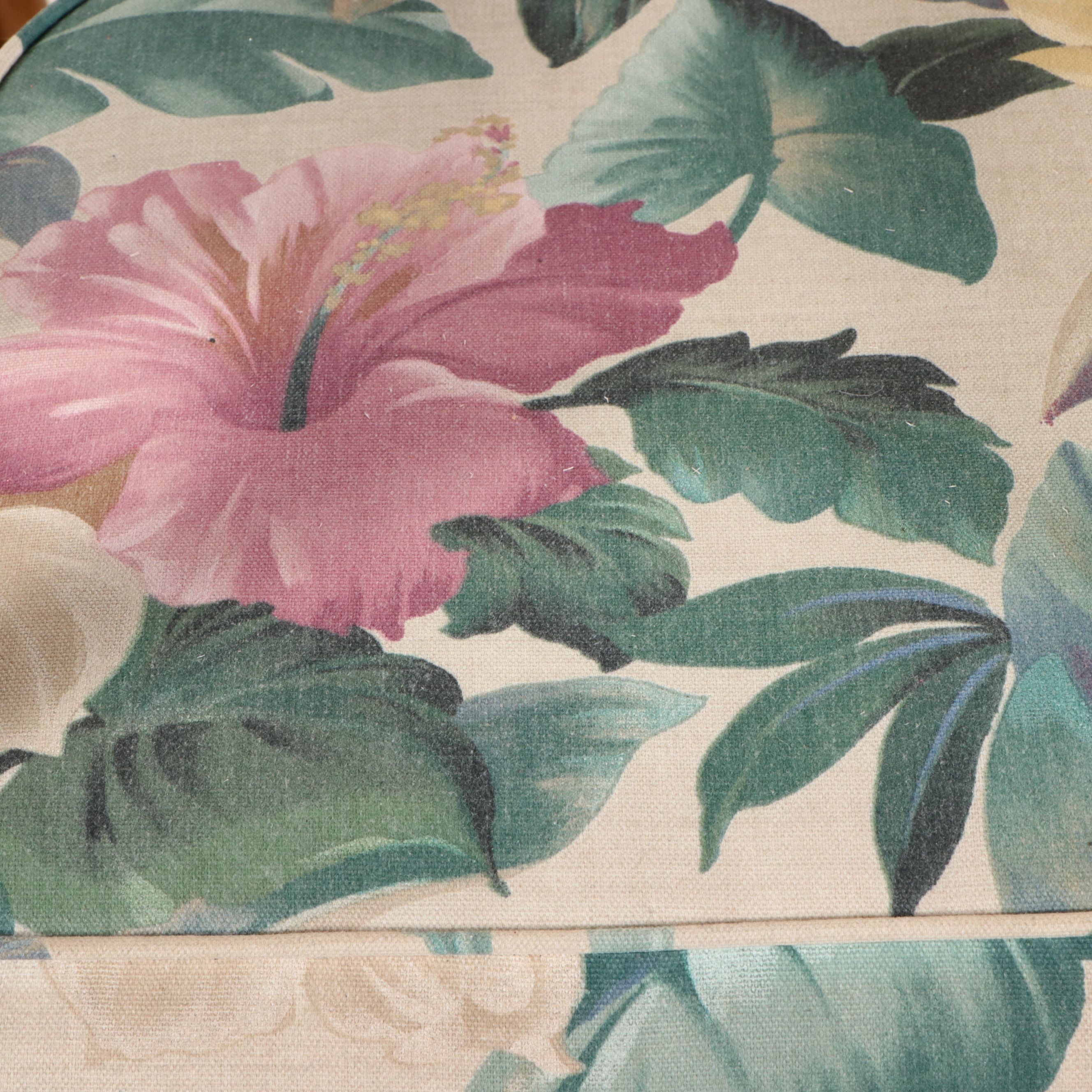 Set of Three Rattan Swivel Barstools with Wheat Back and Floral Cushions