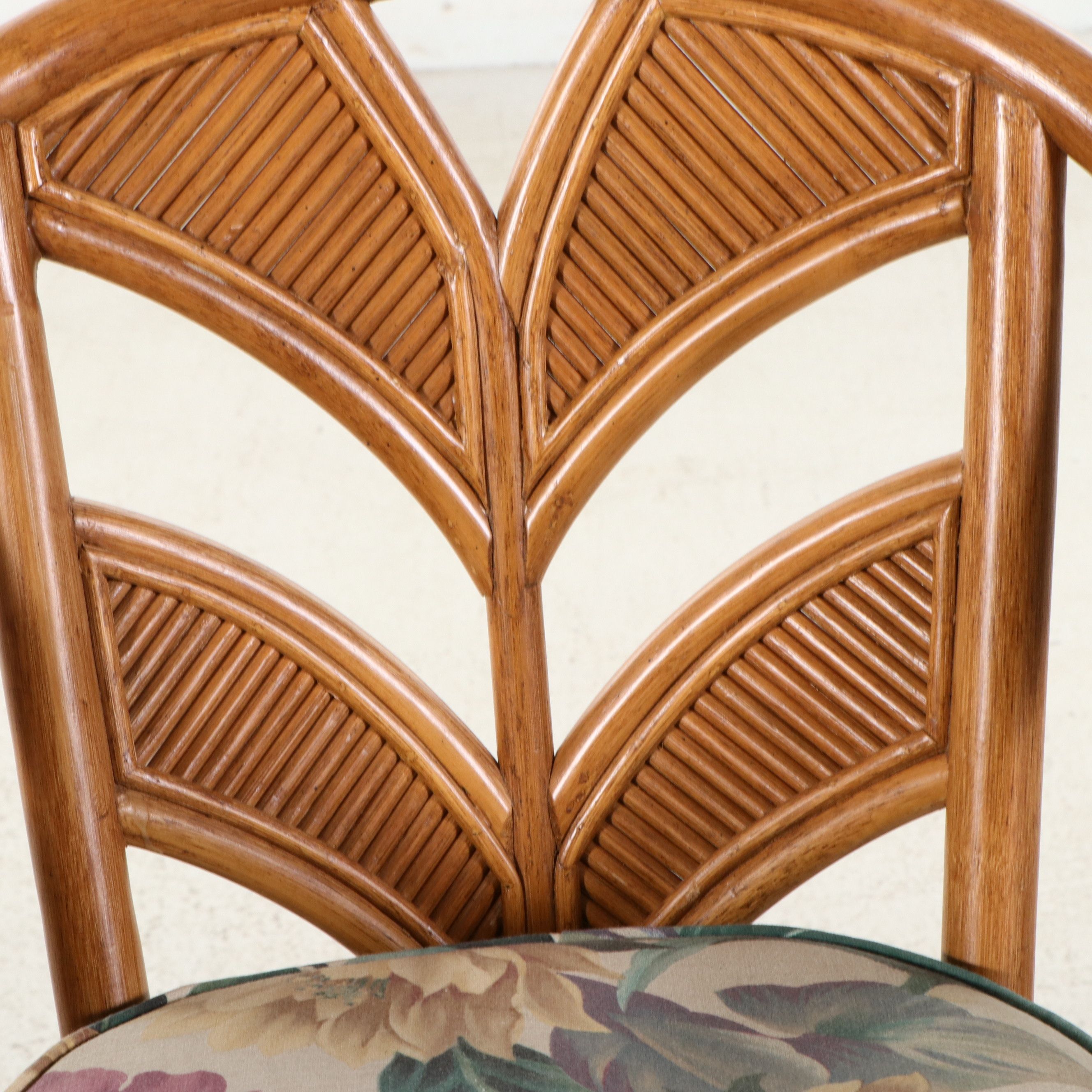 Set of Three Rattan Swivel Barstools with Wheat Back and Floral Cushions