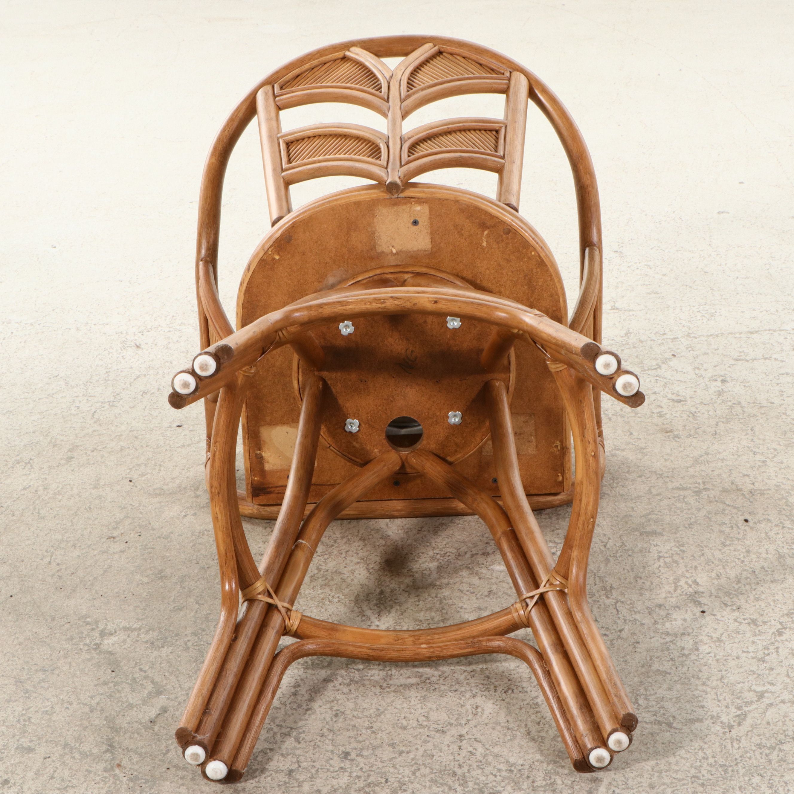 Set of Three Rattan Swivel Barstools with Wheat Back and Floral Cushions