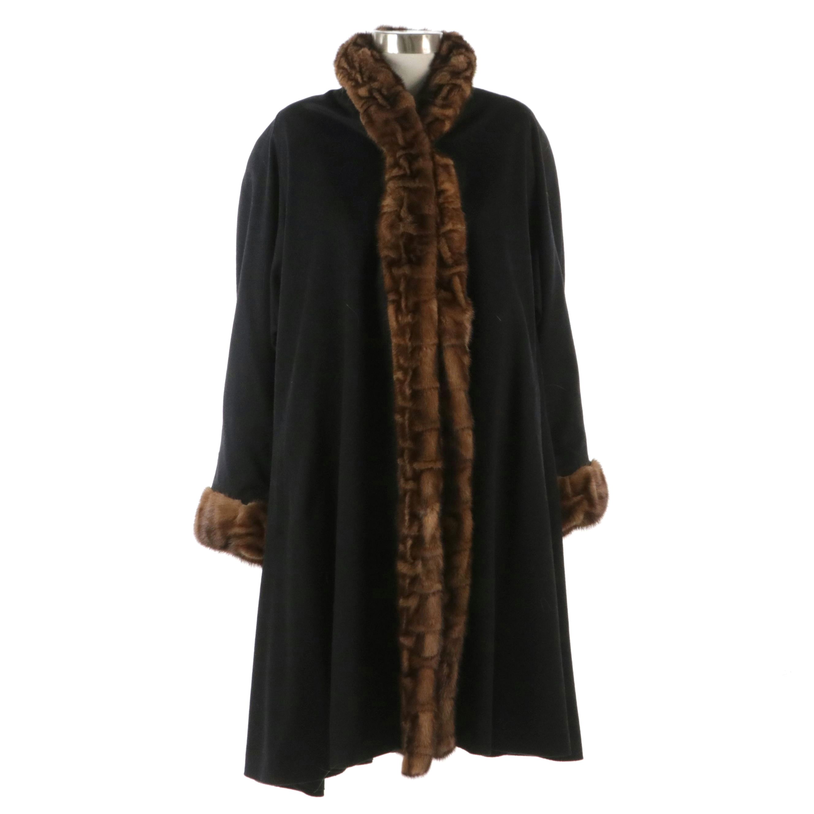 Black Wool/Cashmere Coat with Mink Fur Trimming