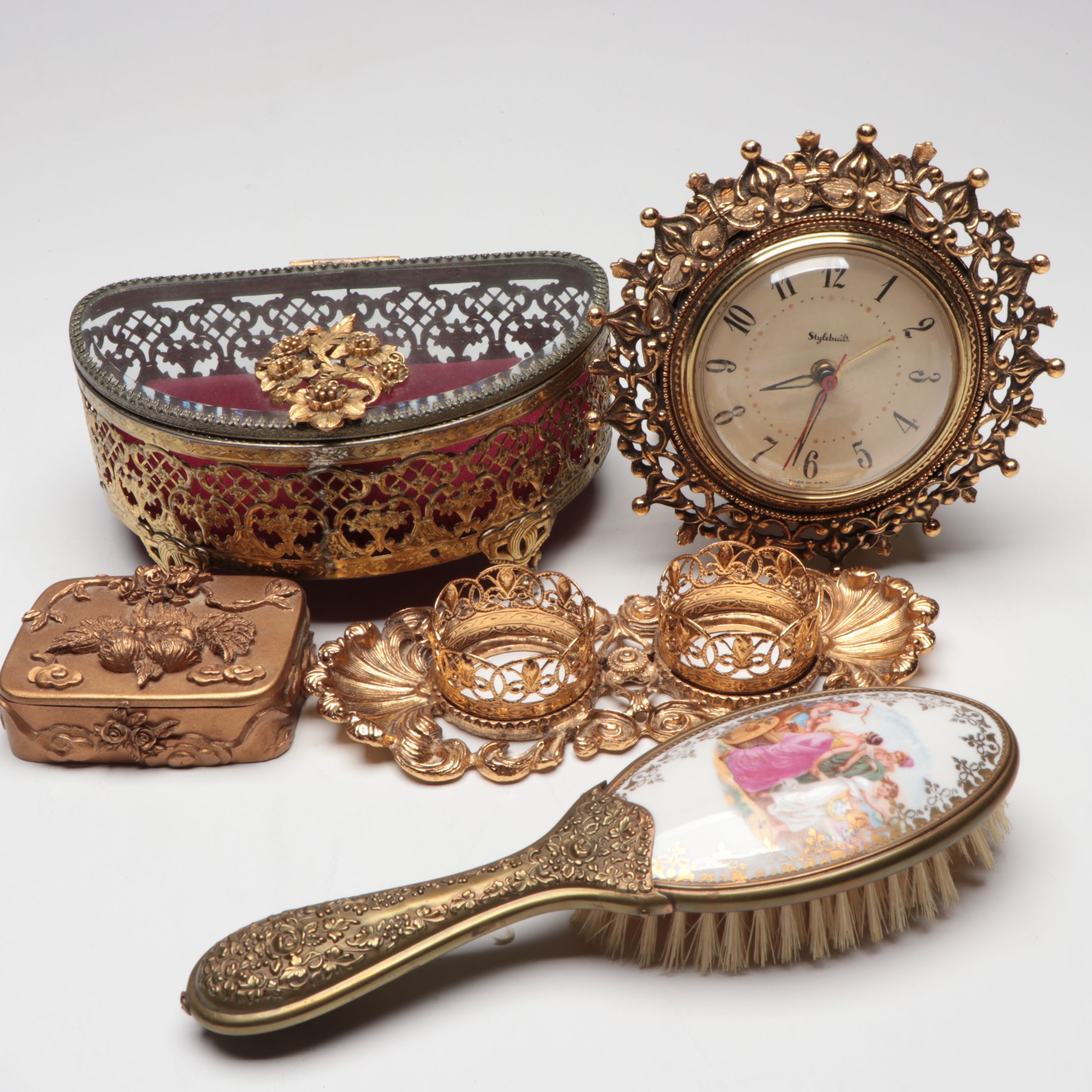 Stylebuilt Ornate Metal Perfume Tray and Electric Clock with More Décor