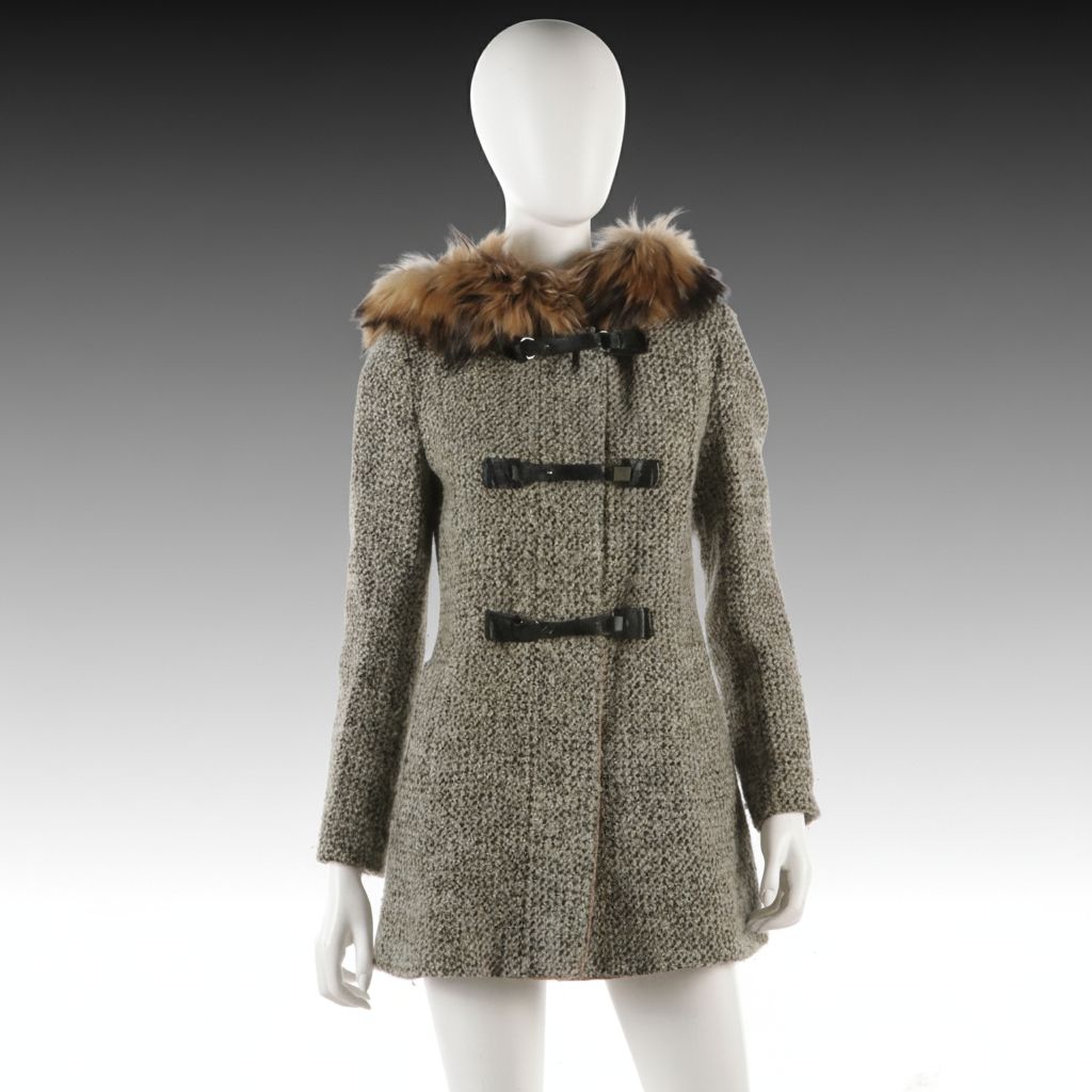 Max Mara Studio Hooded Coat in Bouclé Wool Blend with Murmansky Fur Trim