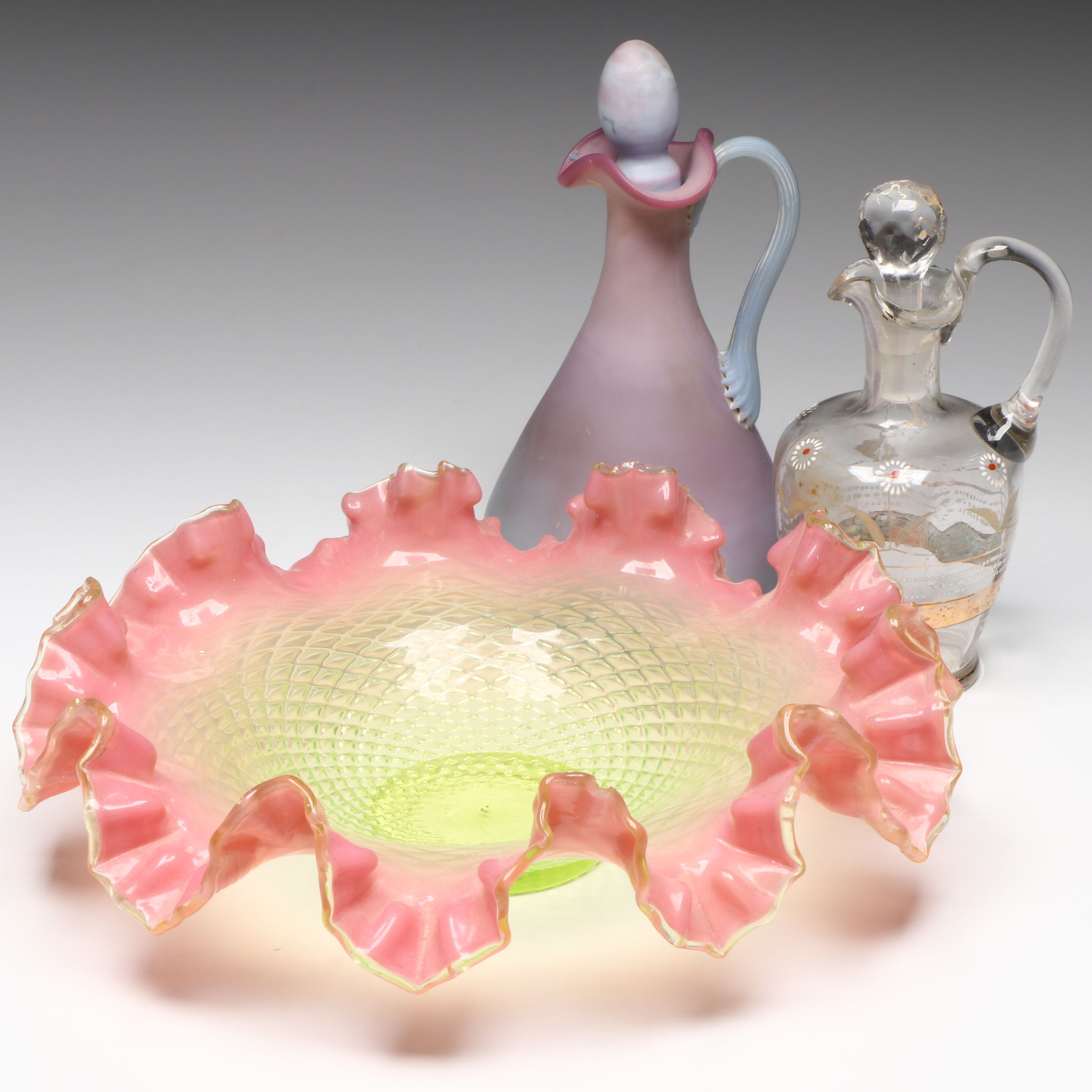 Fenton Blue Burmese Style Cruet With Pink Ruffle Vaseline Glass Bowl