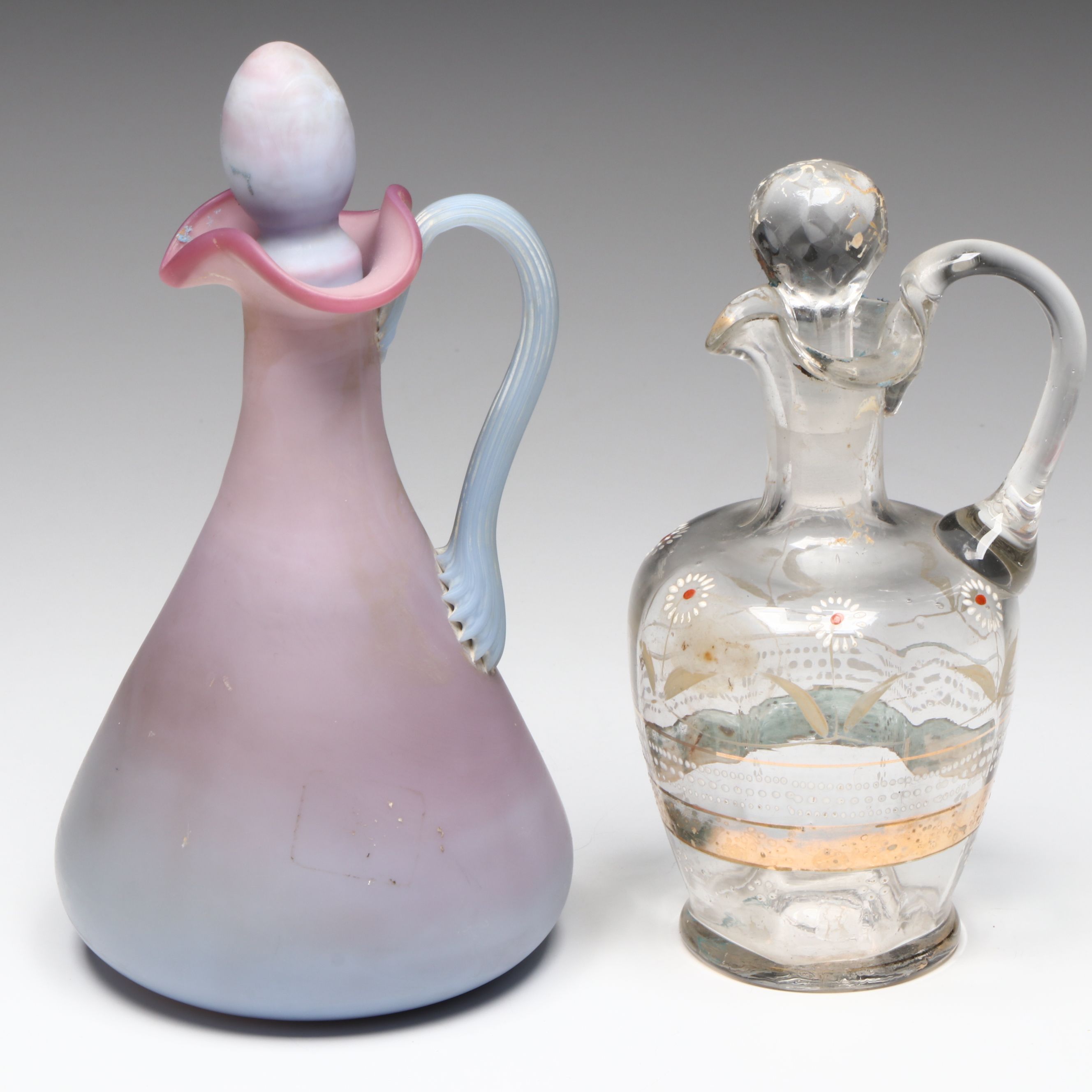 Fenton Blue Burmese Style Cruet With Pink Ruffle Vaseline Glass Bowl