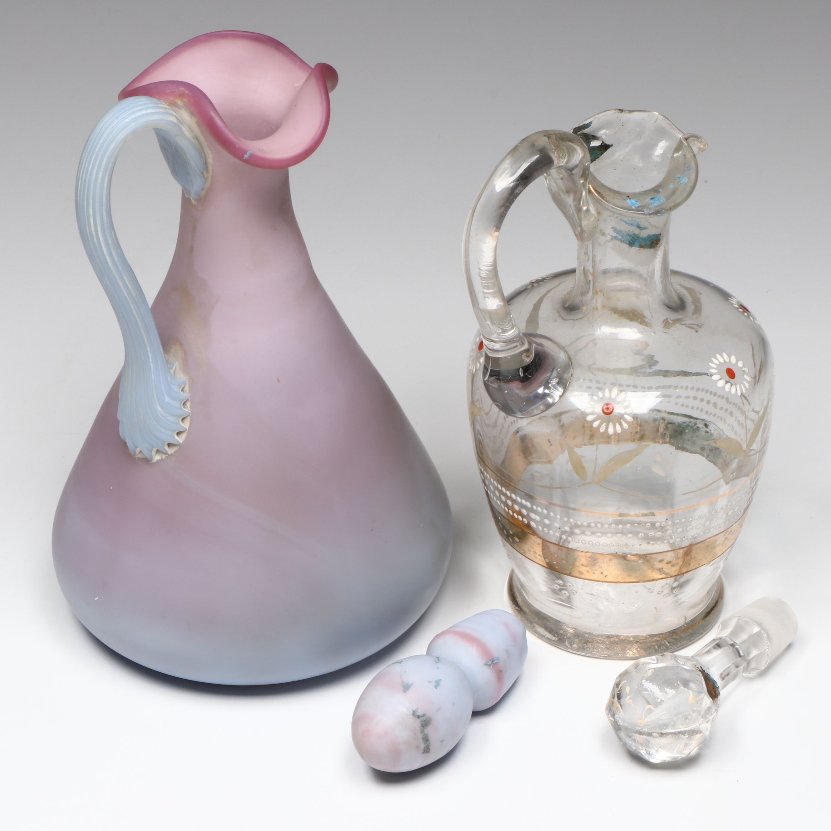 Fenton Blue Burmese Style Cruet With Pink Ruffle Vaseline Glass Bowl