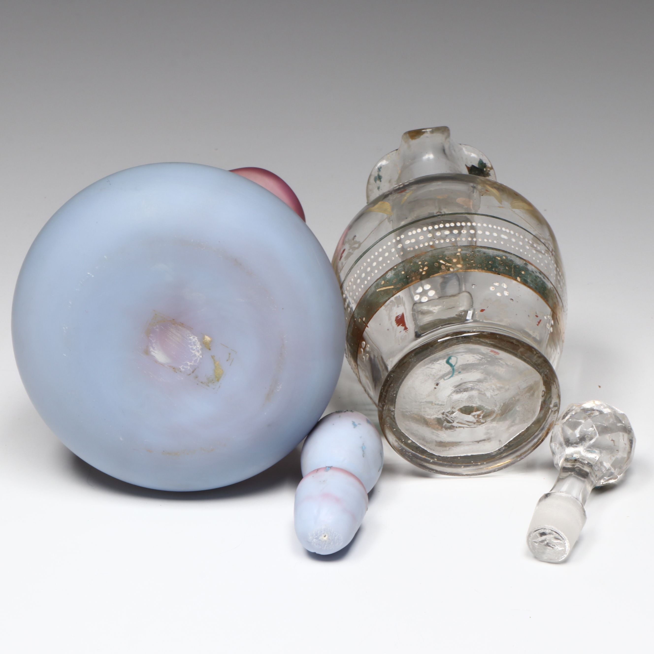 Fenton Blue Burmese Style Cruet With Pink Ruffle Vaseline Glass Bowl