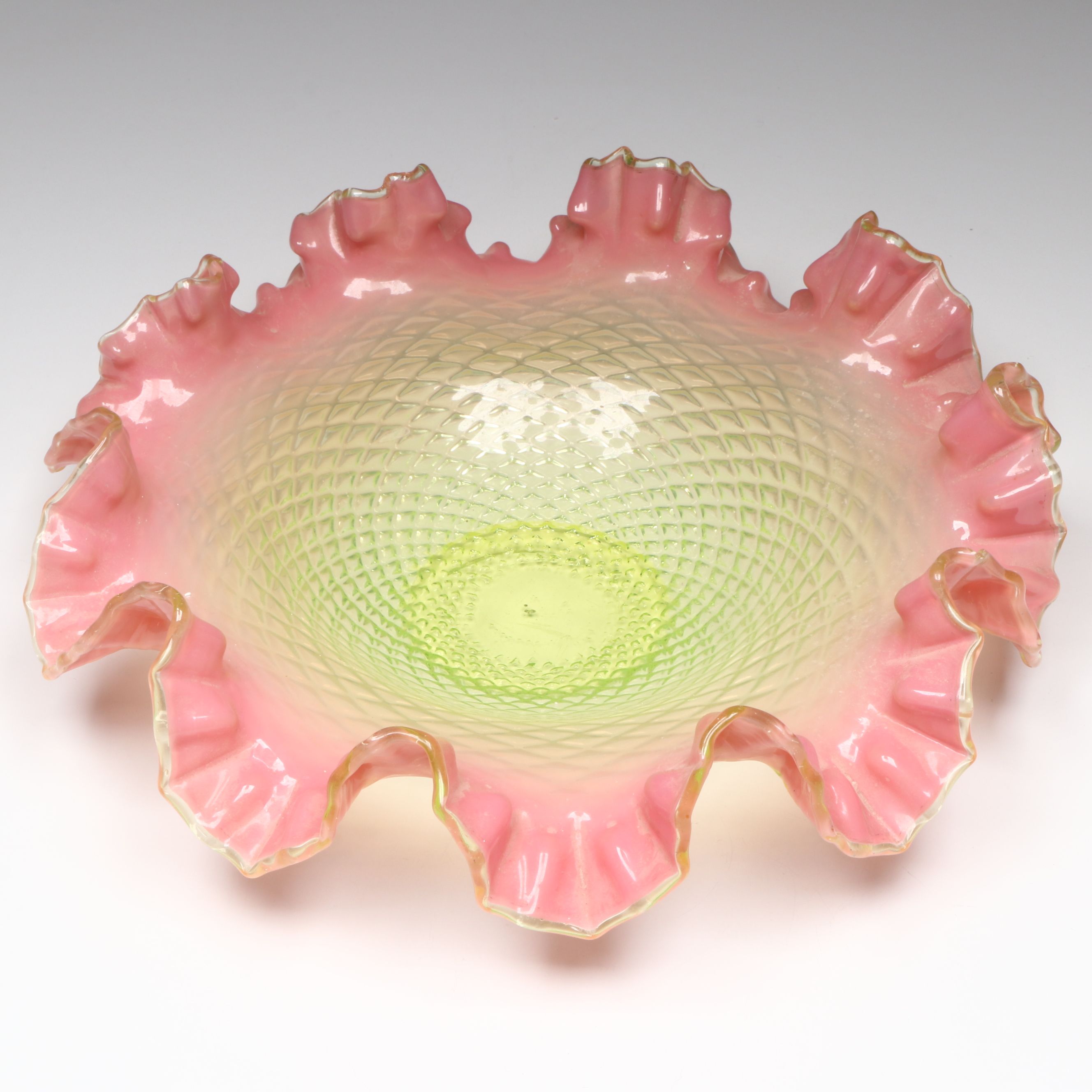 Fenton Blue Burmese Style Cruet With Pink Ruffle Vaseline Glass Bowl