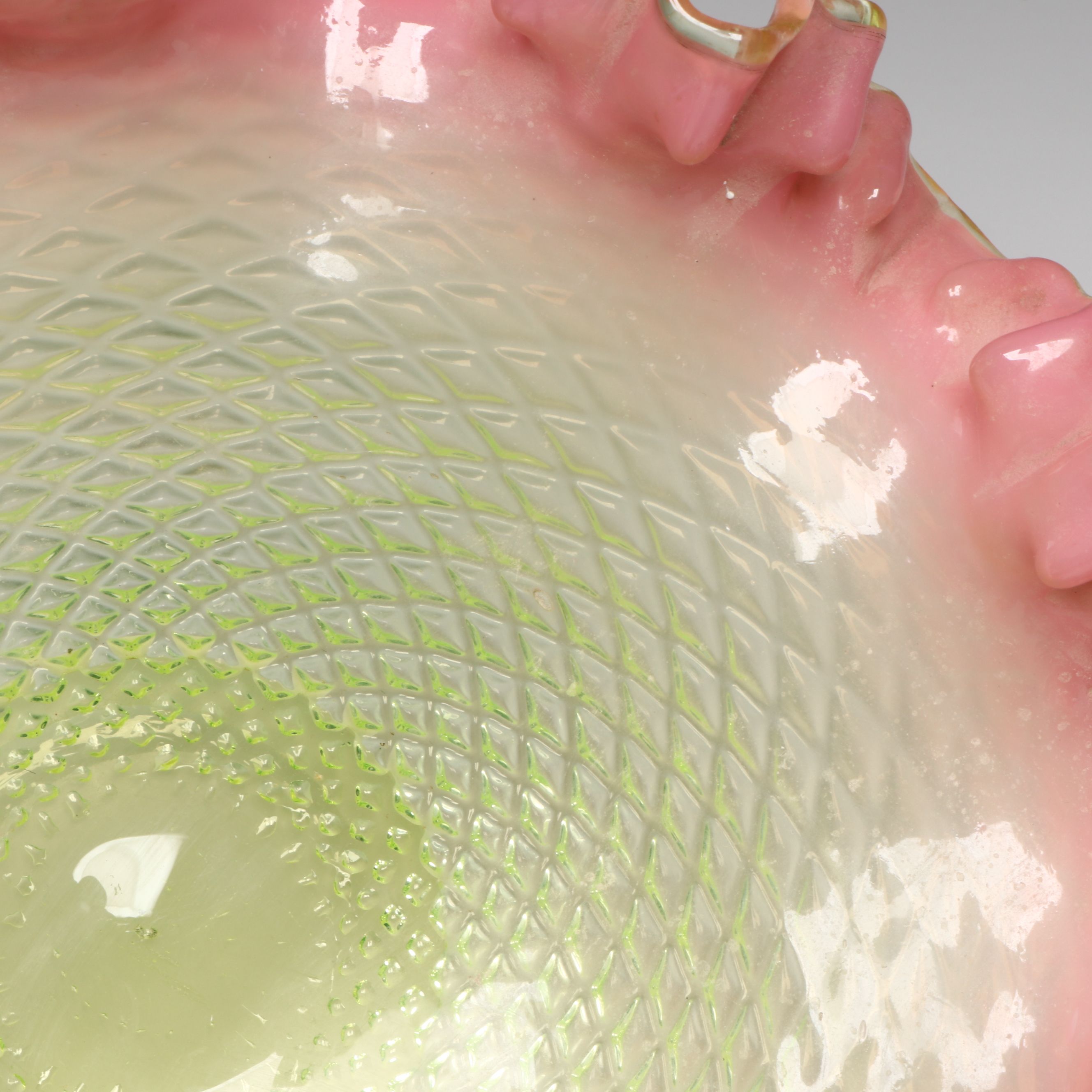 Fenton Blue Burmese Style Cruet With Pink Ruffle Vaseline Glass Bowl