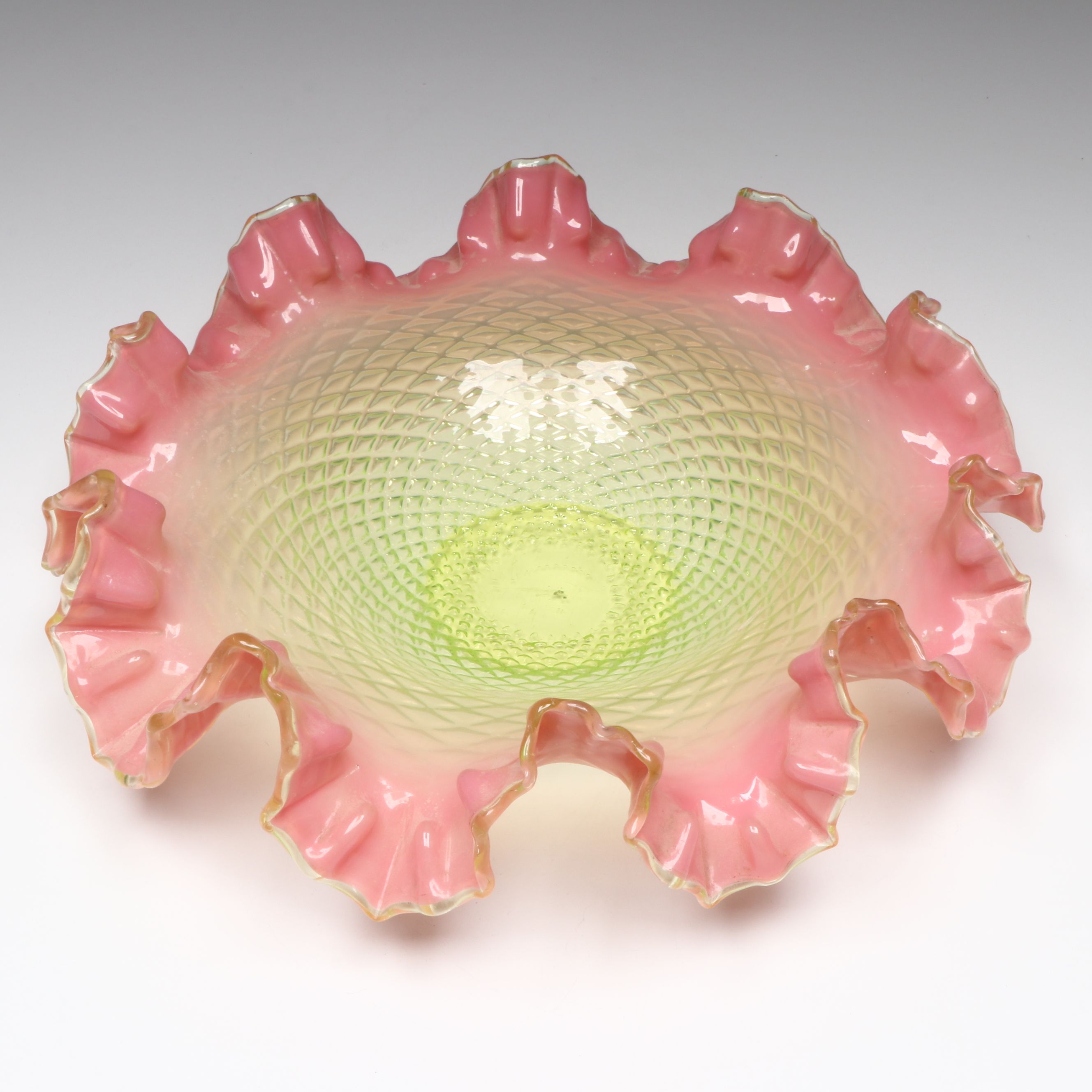 Fenton Blue Burmese Style Cruet With Pink Ruffle Vaseline Glass Bowl