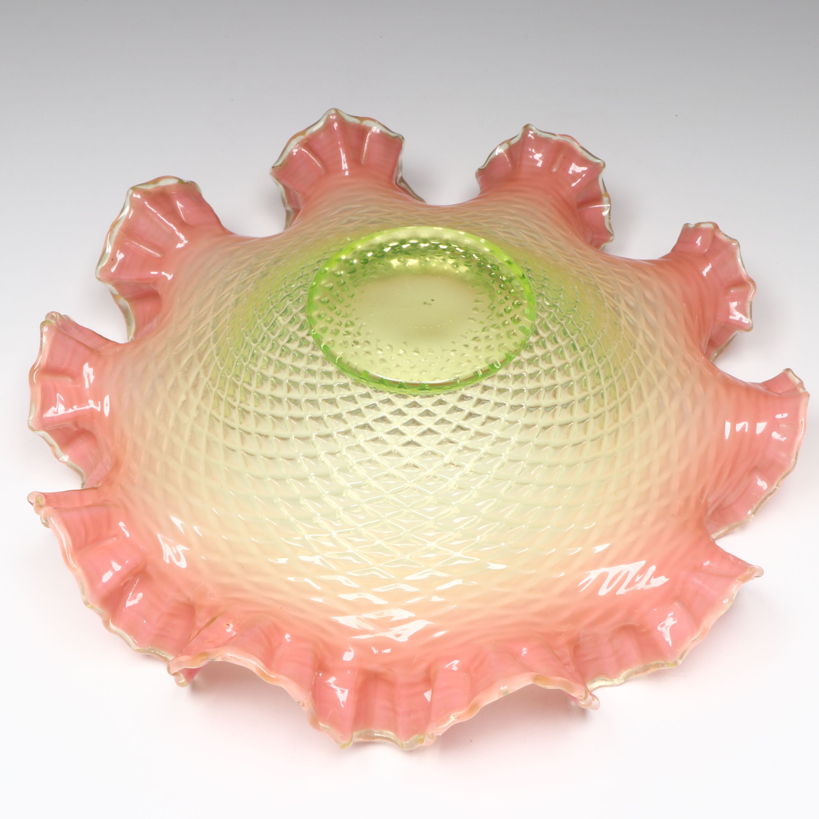 Fenton Blue Burmese Style Cruet With Pink Ruffle Vaseline Glass Bowl