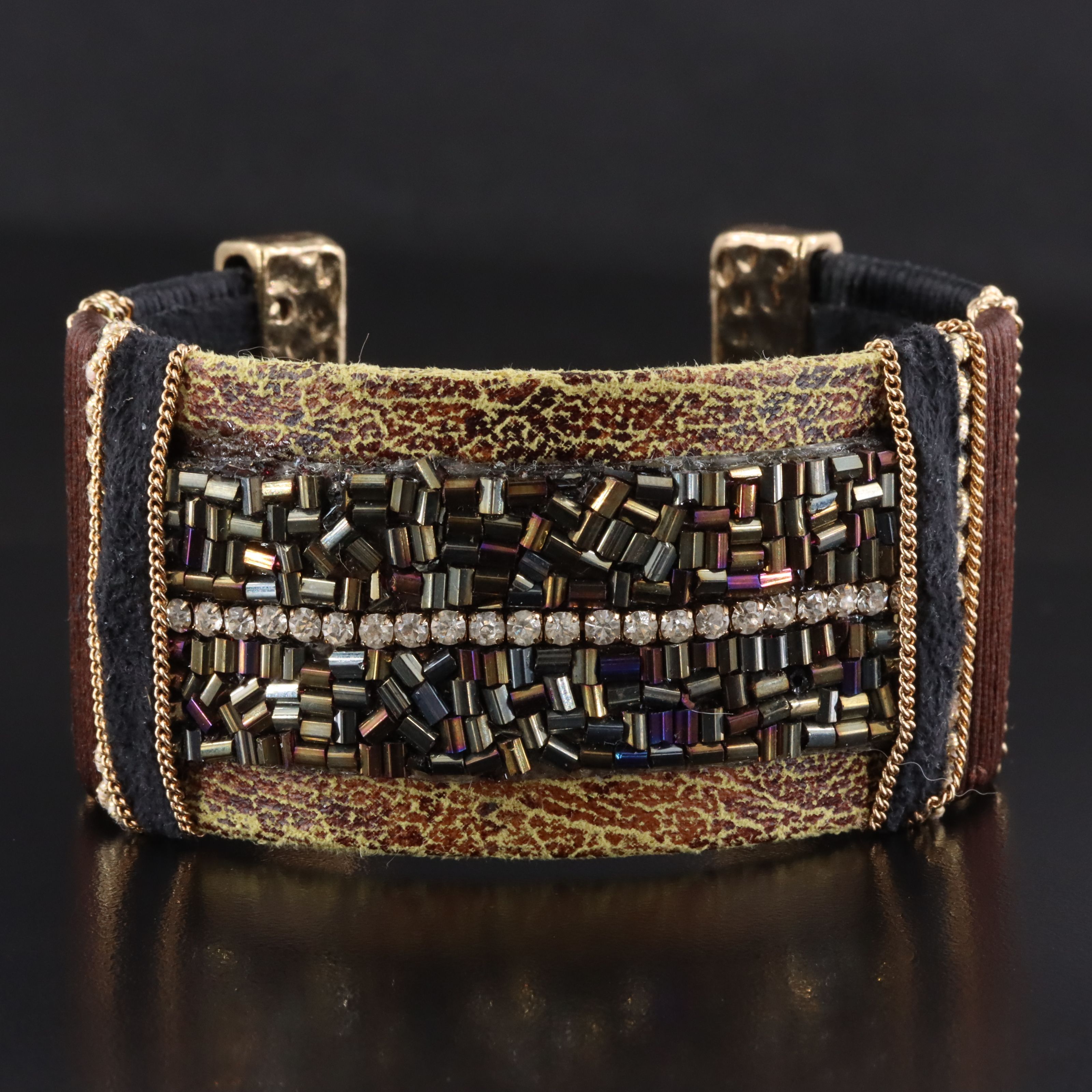 Cuff Bracelet with Rhinetones and Chain Details