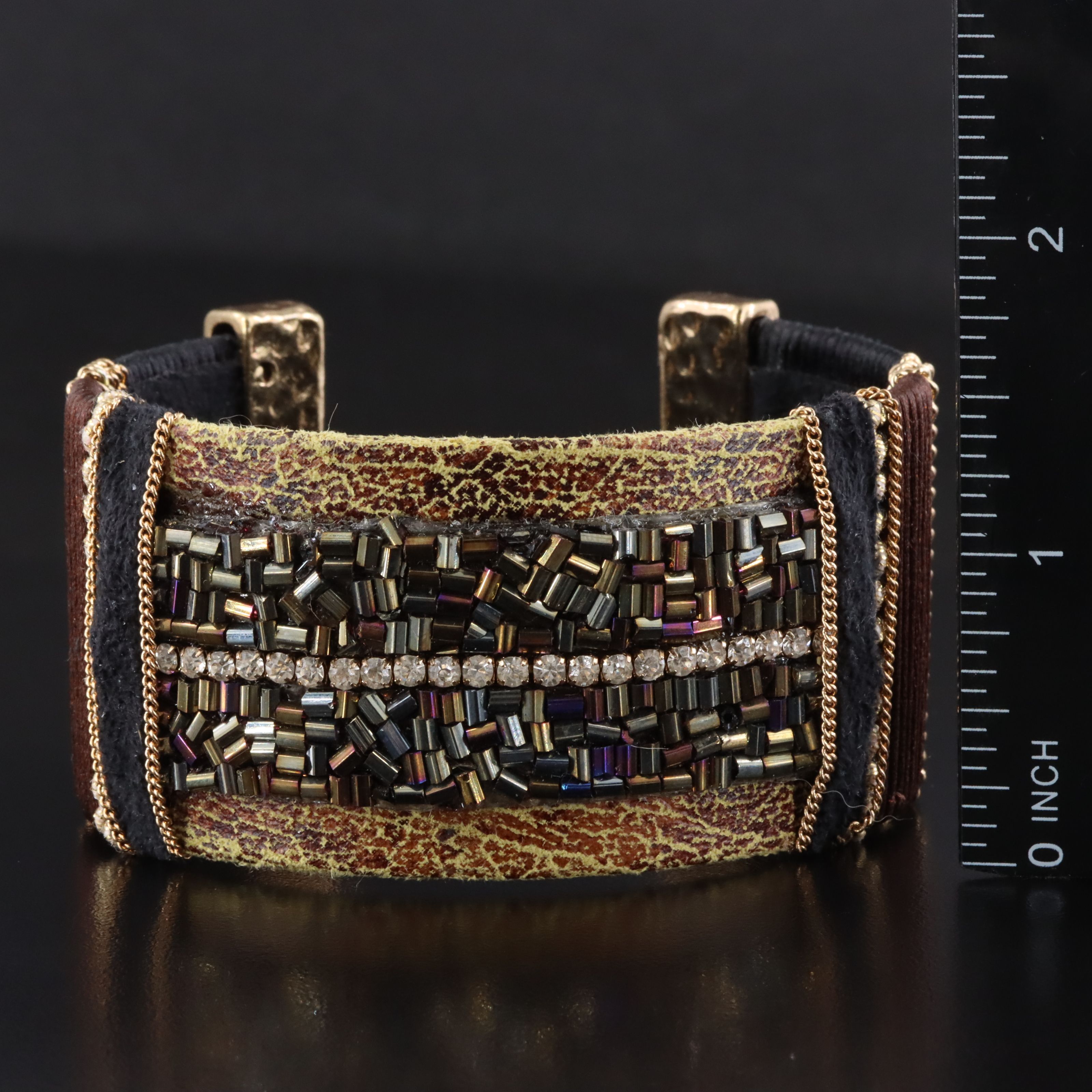 Cuff Bracelet with Rhinetones and Chain Details