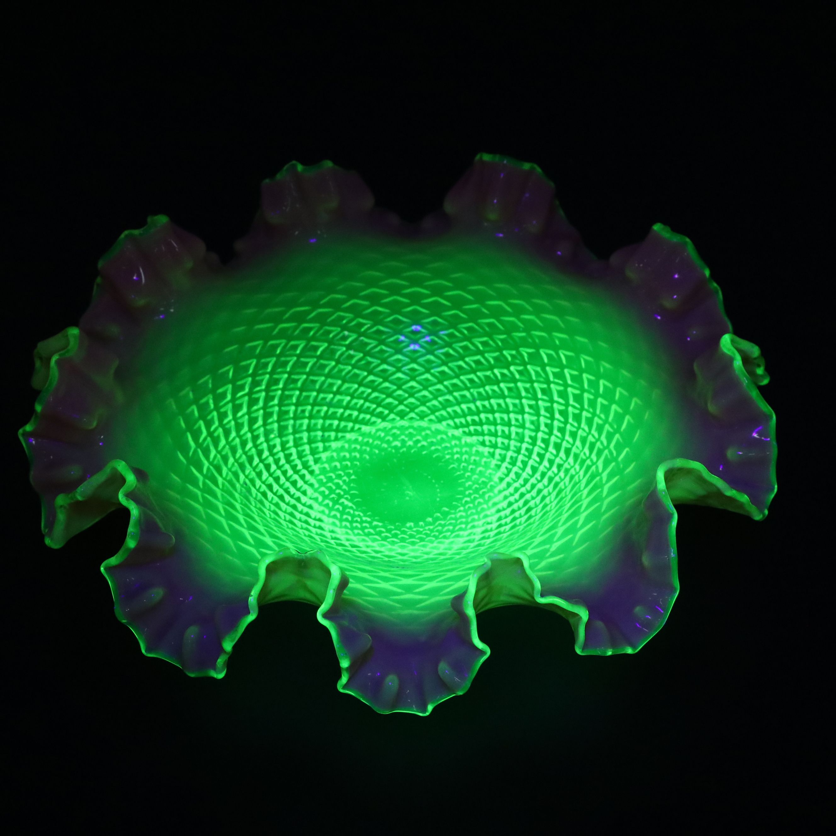 Fenton Blue Burmese Style Cruet With Pink Ruffle Vaseline Glass Bowl