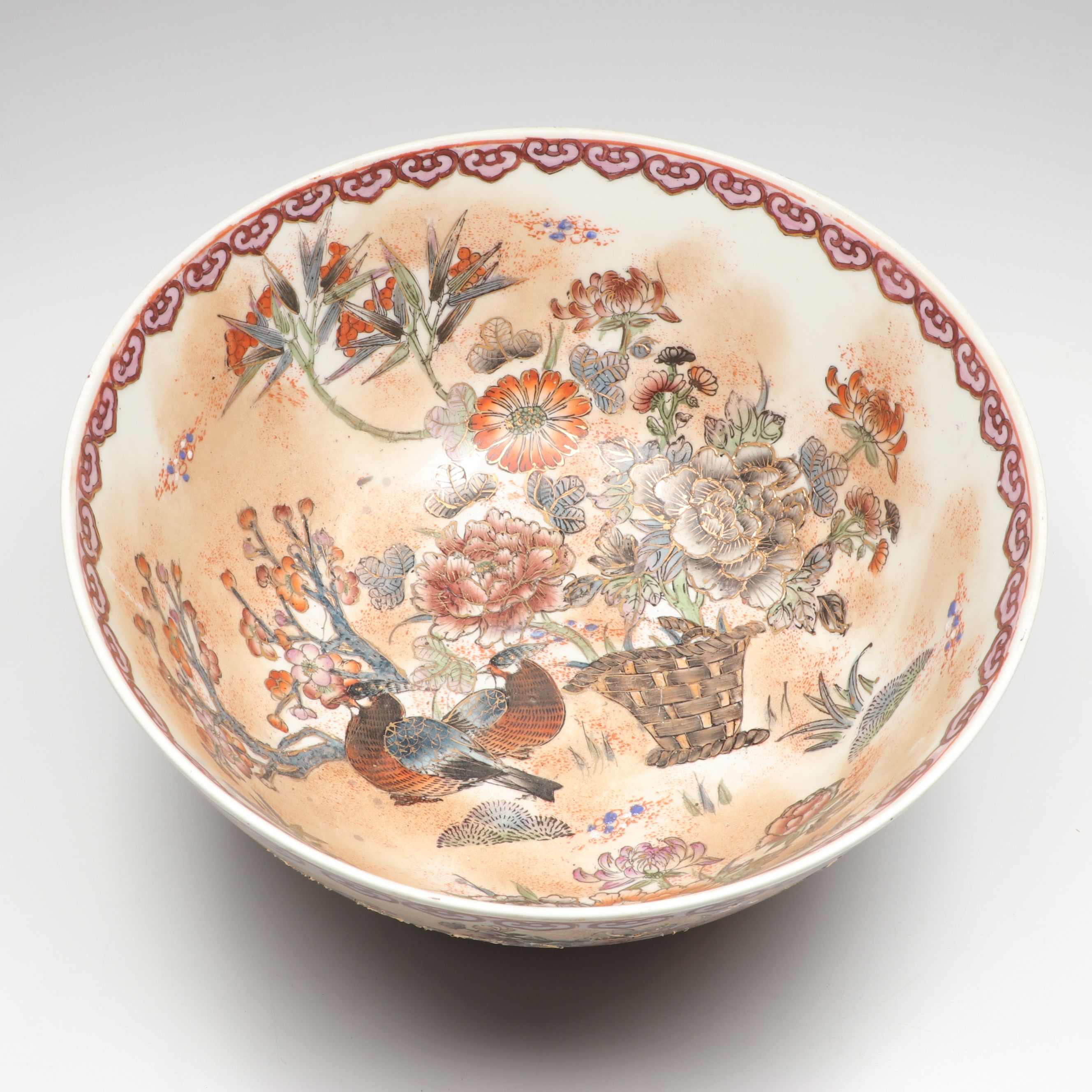 Chinese Hand-Painted Porcelain Bowl with Flowers and Pheasants